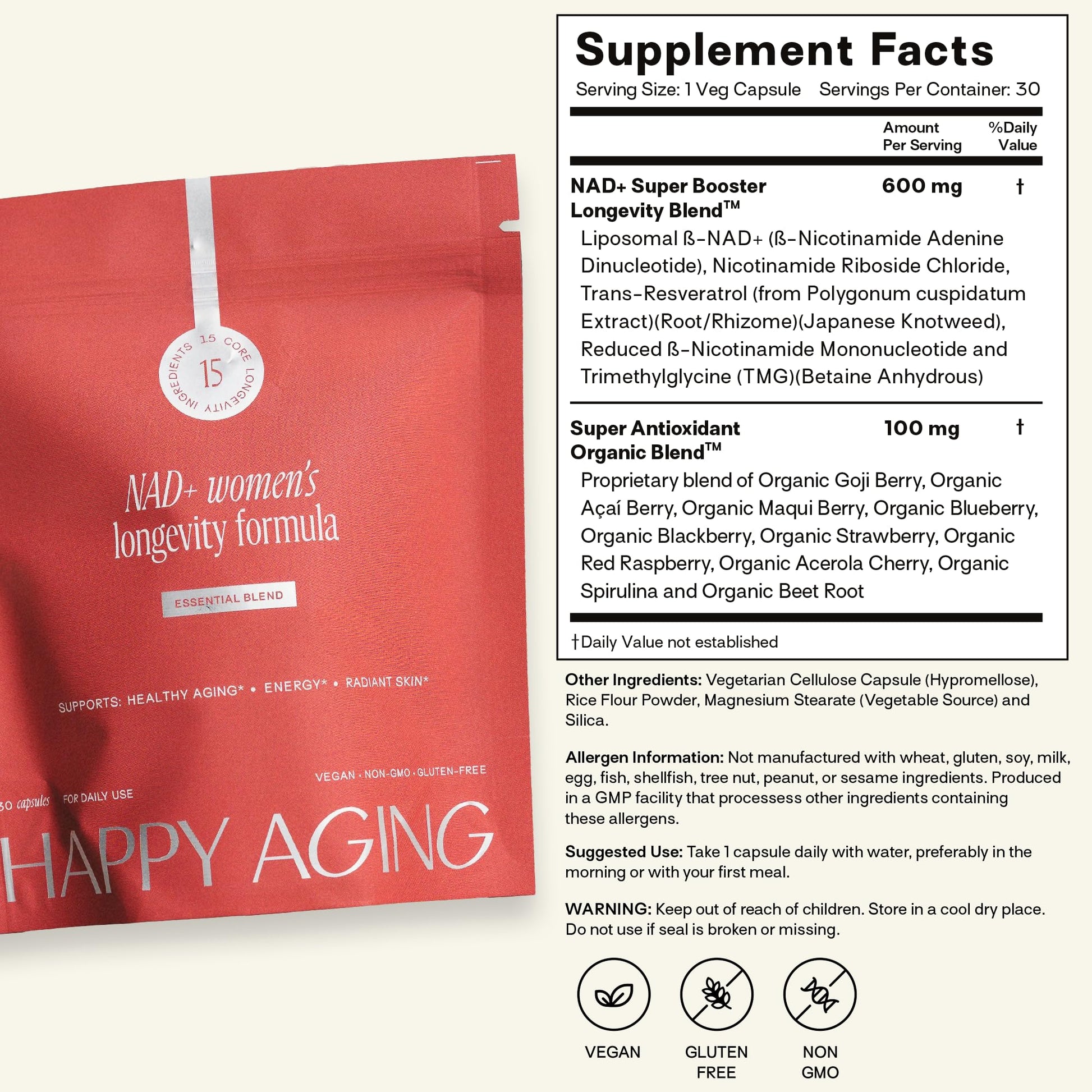 Happy Aging Essential Longevity Formula, NAD+ Super Booster with NR, NMNH & Liposomal β-NAD+, Organic Antioxidant Superfruit Blend for Cellular Energy, Skin Hydration & Daily Vitality, 30 Capsules Happy Aging uk supplements