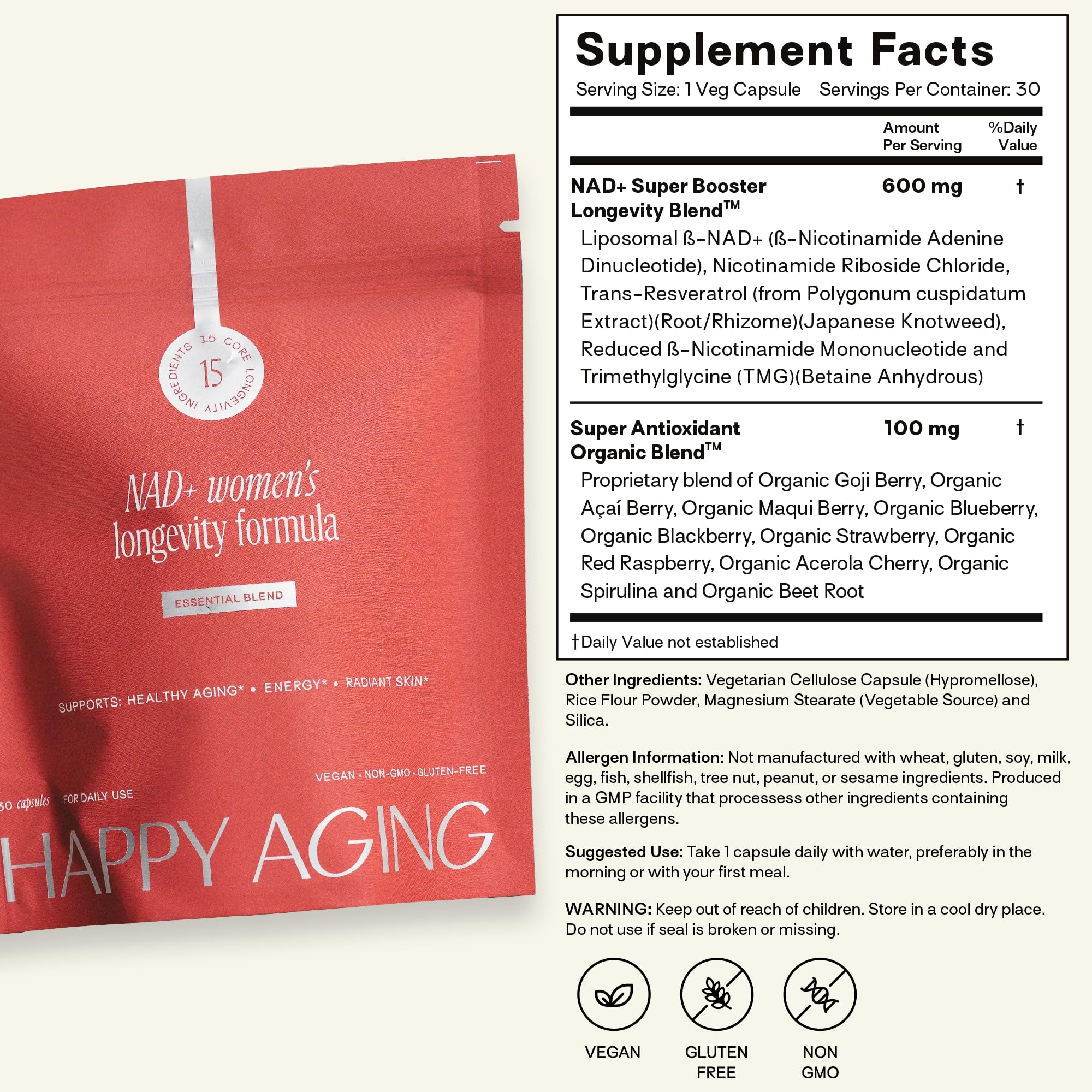 Happy Aging Essential Longevity Formula, NAD+ Super Booster with NR, NMNH & Liposomal β-NAD+, Organic Antioxidant Superfruit Blend for Cellular Energy, Skin Hydration & Daily Vitality, 30 Capsules Happy Aging uk supplements
