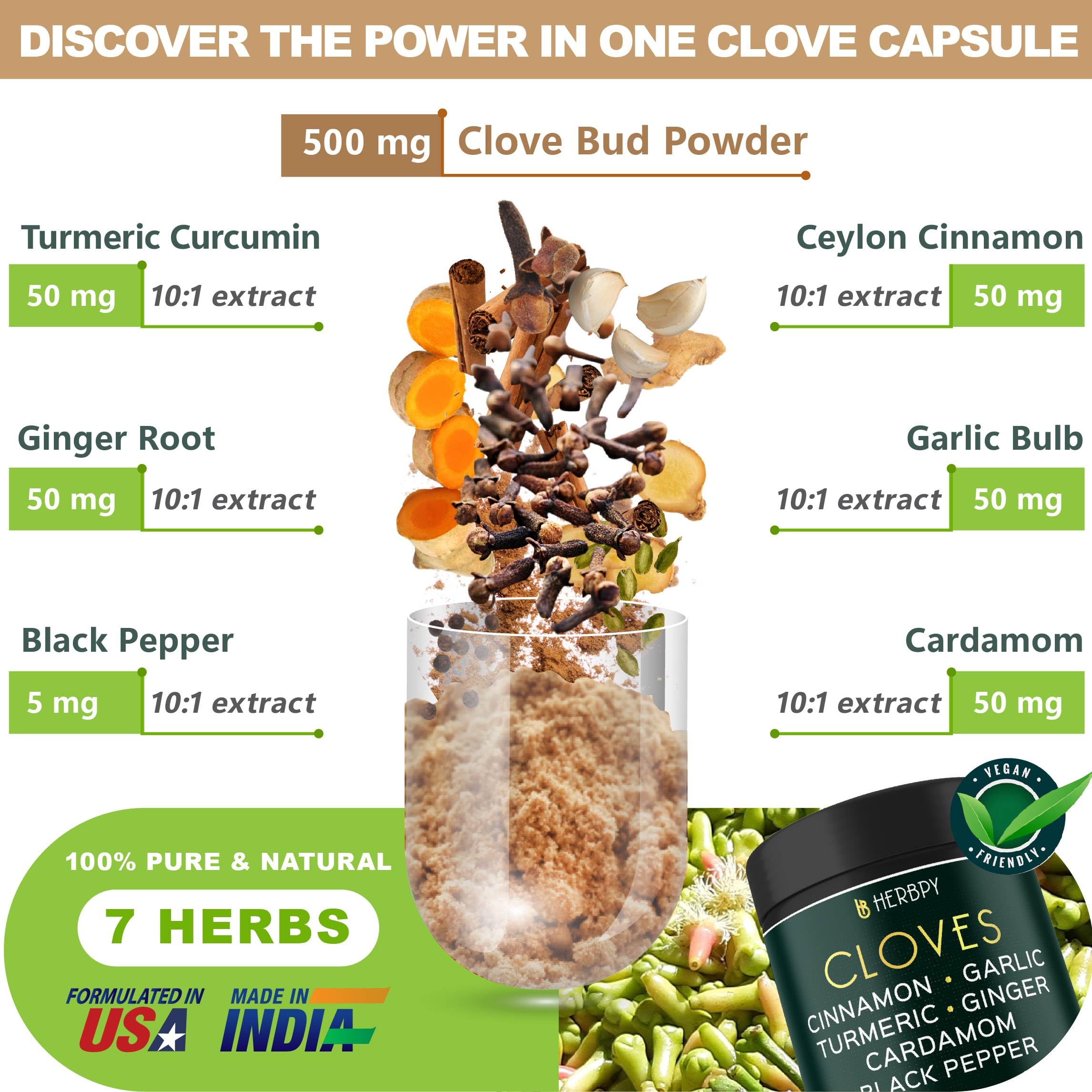 Herbpy 7in1 Clove Supplement Rich in Vitamins & Minerals Supports Digestion, Immune & Heart Health with Cinnamon, Turmeric, Ginger, Cardamom, Garlic & Black Pepper - 100 Vegan Capsules Herbpy uk supplements