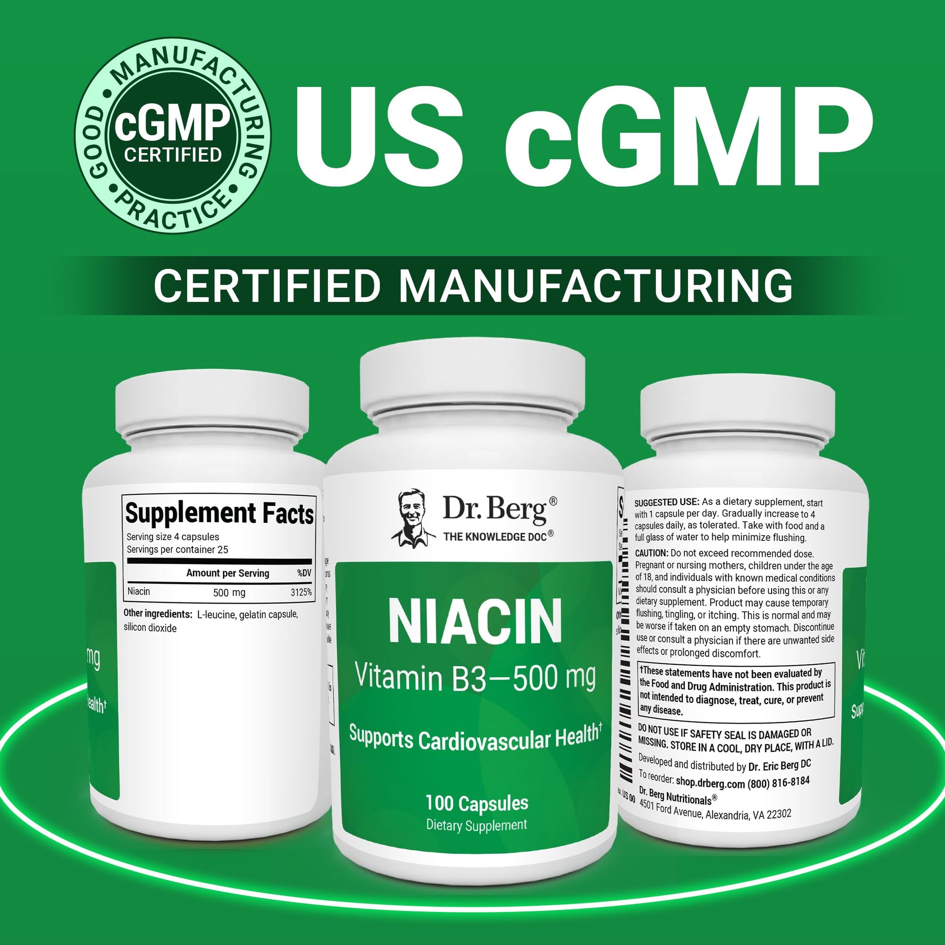 Dr. Berg Highly-Potent Niacin 500 mg – Now Only 125 mg per Capsule for Niacin Flush Tolerance Building – Gradually Increase to 500mg a Day – Vitamin B3 for Heart, Brain & Energy Support – 100 Capsules Dr. Berg Nutritionals uk supplements