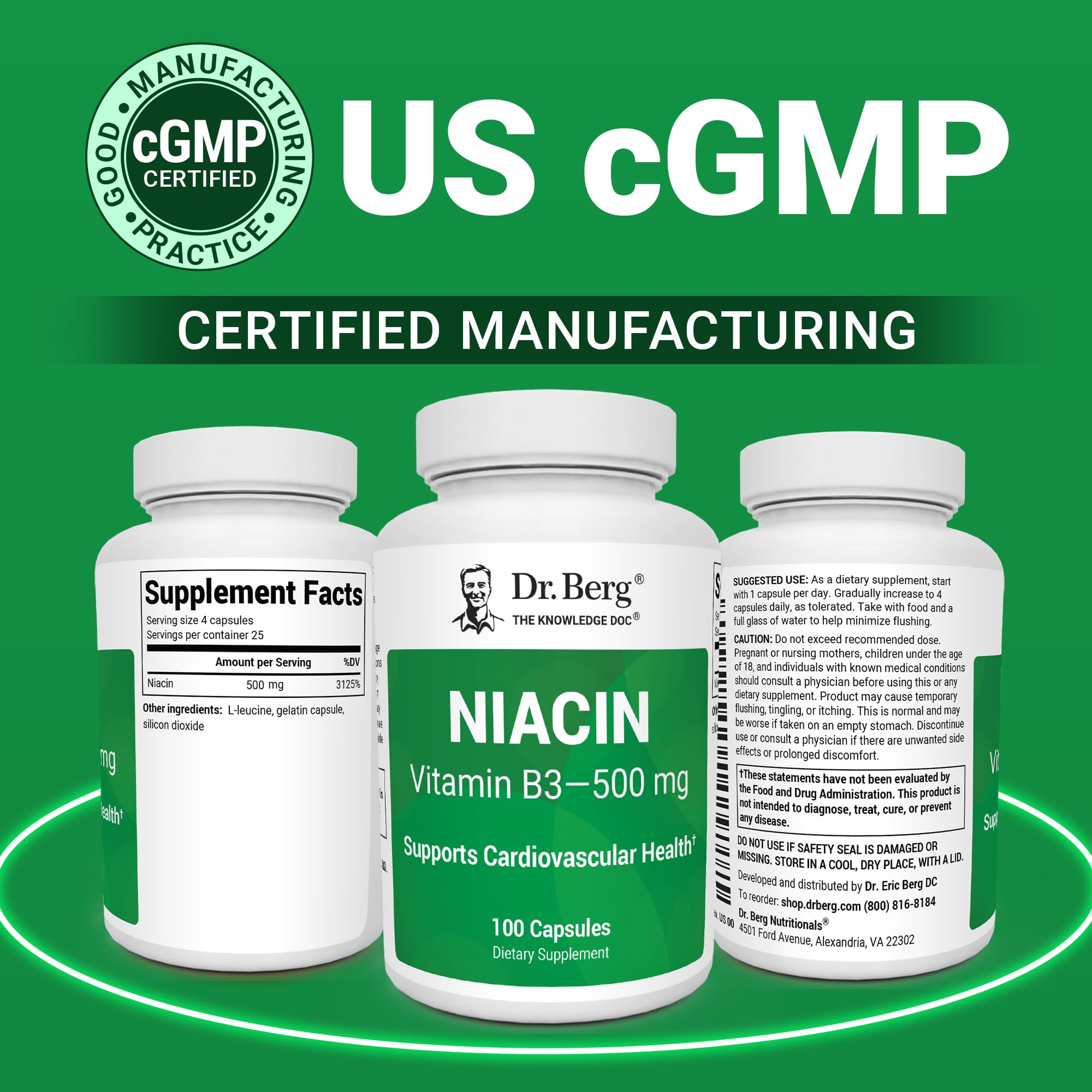 Dr. Berg Highly-Potent Niacin 500 mg – Now Only 125 mg per Capsule for Niacin Flush Tolerance Building – Gradually Increase to 500mg a Day – Vitamin B3 for Heart, Brain & Energy Support – 100 Capsules Dr. Berg Nutritionals uk supplements