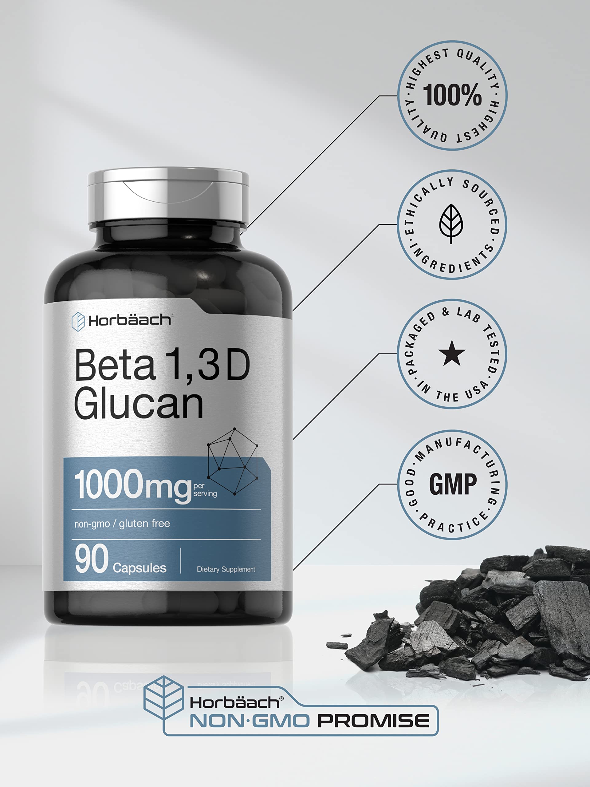 Beta Glucan 1 3D 1000 mg | 90 Capsules | Beta 1,3, 1,6 D Glucan | Non-GMO, Gluten Free Horbäach uk supplements