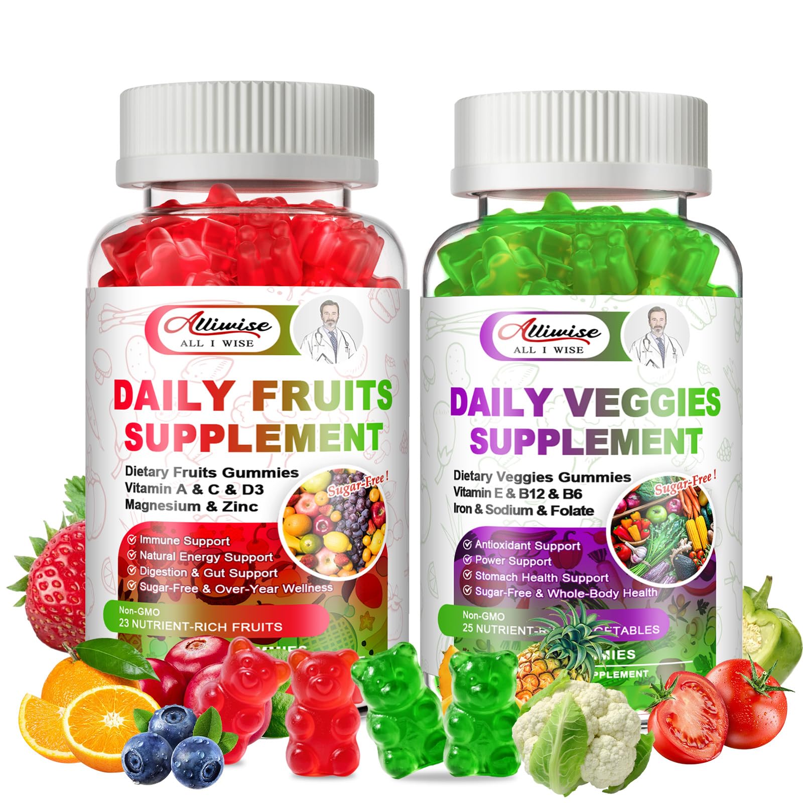 Sugar-Free Fruits & Veggies Gummies, Super Greens with 23 Fruits & 25 Veggies, Multivitamin Minerals & Fiber, Vegan Fruit & Vegetable Supplement for Adults, 120 Gummies, 2 Month Supply Alliwise uk supplements