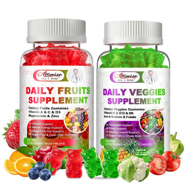 Sugar-Free Fruits & Veggies Gummies, Super Greens with 23 Fruits & 25 Veggies, Multivitamin Minerals & Fiber, Vegan Fruit & Vegetable Supplement for Adults, 120 Gummies, 2 Month Supply Alliwise uk supplements