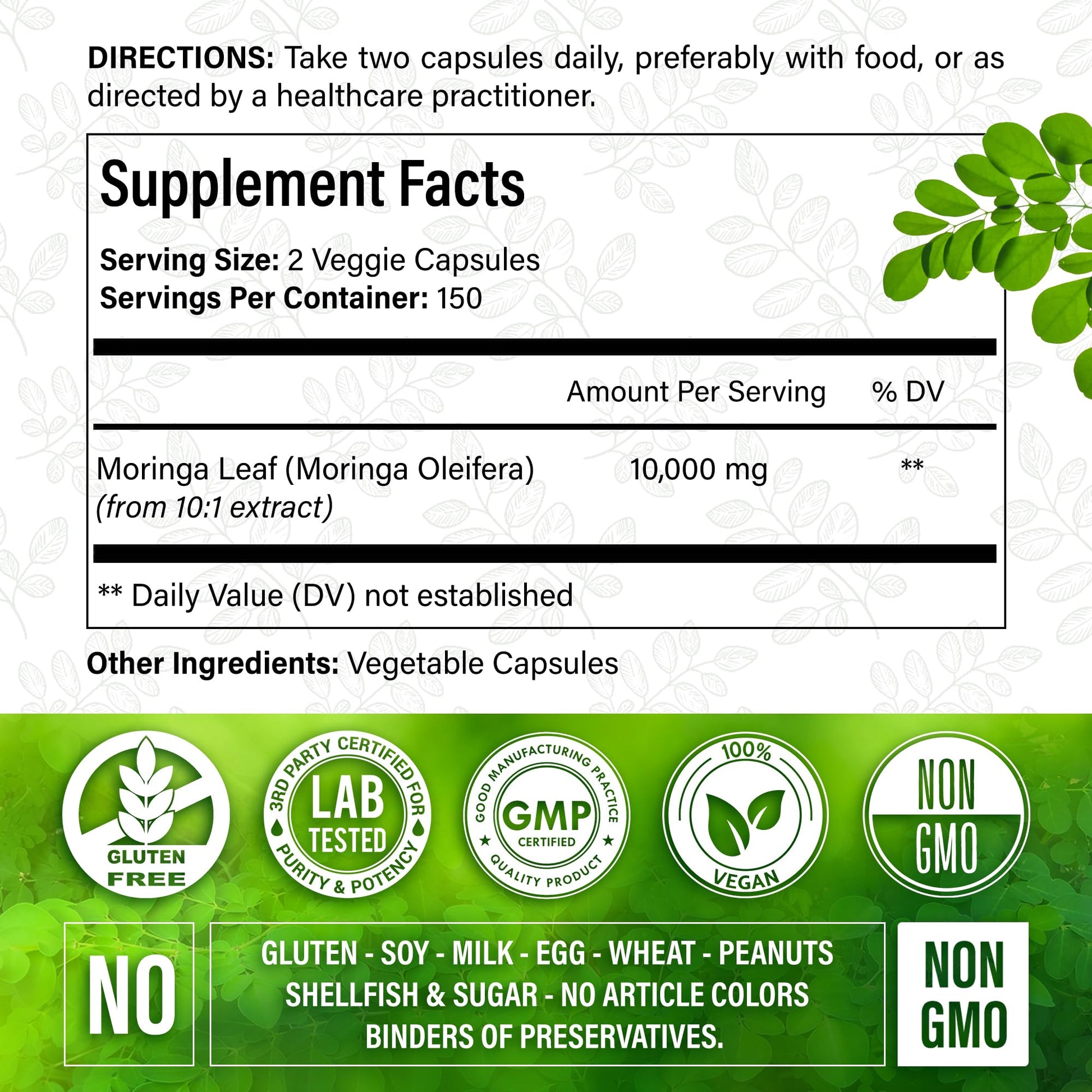 Moringa Capsules| Moringa Oleifera |10,000mg| 300 Capsules| 100% Pure| Non-GMO FitVitality uk supplements