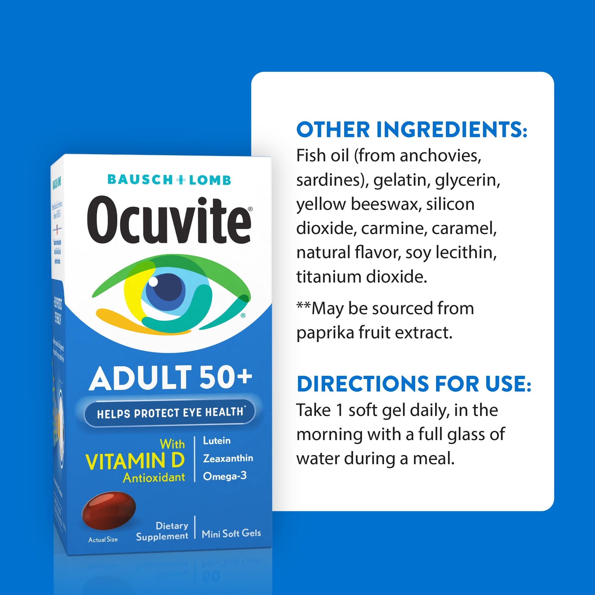 Ocuvite 50+ Eye Vitamin & Mineral Supplement, Multivitamin for Vision & Ocular Health with Omega-3, Zinc, Vitamins C & E, Lutein & Zeaxanthin, Zinc Supplements for Women and Men, 50 Softgels Ocuvite uk supplements