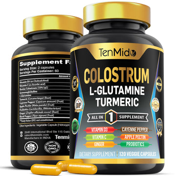 Tenmido Colostrum Supplement - 10in1 Formula - Combine with L- Glutamine, Turmeric, Cayenne Pepper, Apple Pectin, Probiotics, Ginger, and More - Digestive Health, Immune Support - 120 Capsules Tenmido uk supplements
