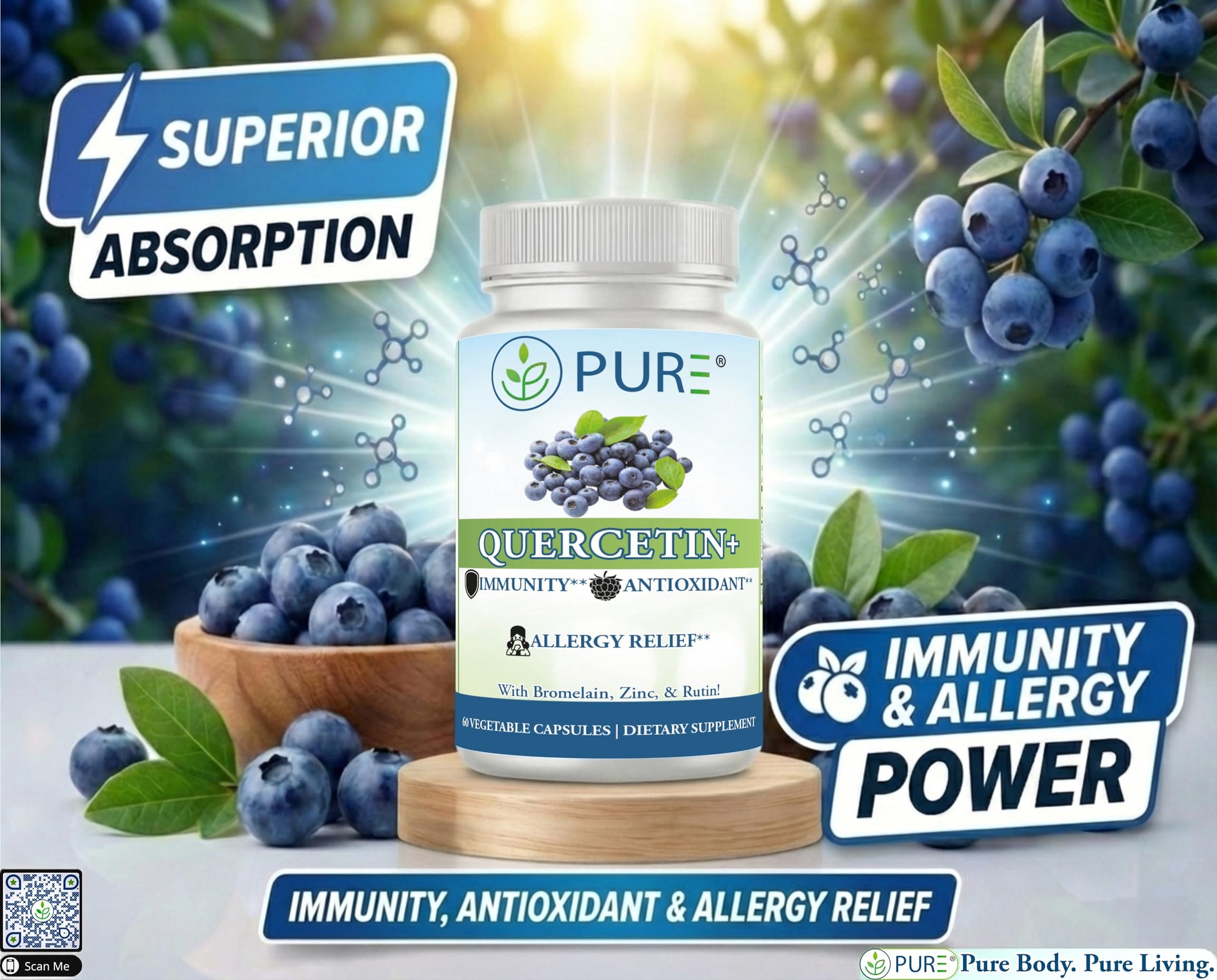 PURE® Quercetin+ with Zinc, Bromelain, Rutin Immune Shield - 60 Capsules - High Bioavailability Antioxidant Complex for Respiratory Health & Viral Defense - Made in USA PURE uk supplements