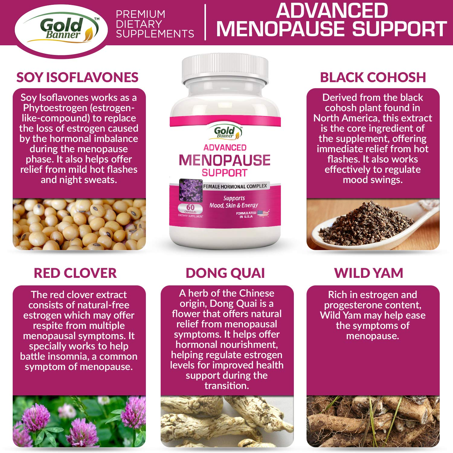 Advanced Menopause Support - Natural Female Hormonal Complex for Hot Flashes, Mood Swings & Vaginal Dryness - Black Cohosh, Soy Isoflavones & Herbal Extract Formula - Does Not Include Hormones Gold Banner uk supplements