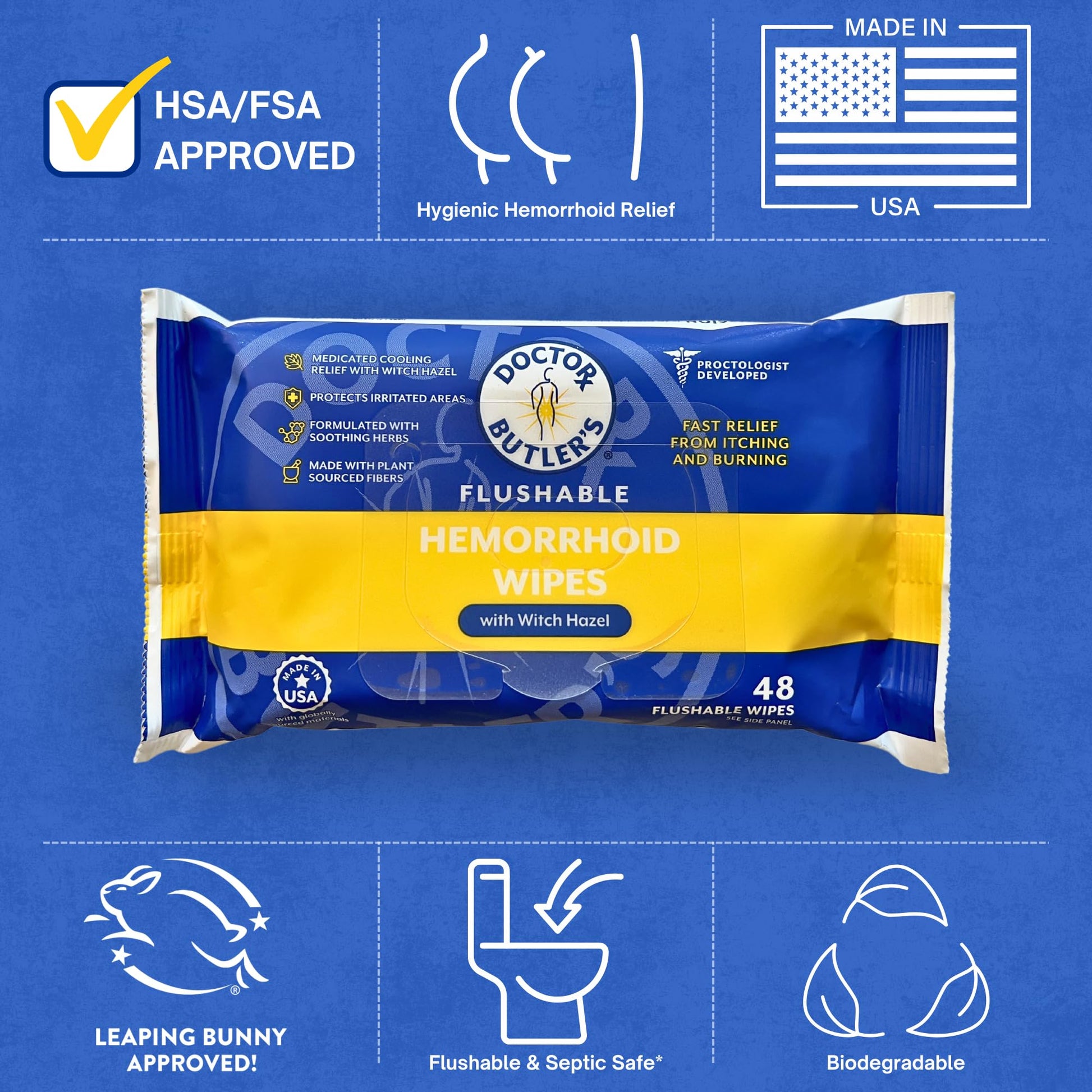 Doctor Butler's Flushable Hemorrhoid Wipes – Flushable Wipes with Witch Hazel to Soothe and Bring Relief from Discomfort Associated with Hemorrhoids (48 Wipes) Doctor Butler's uk supplements