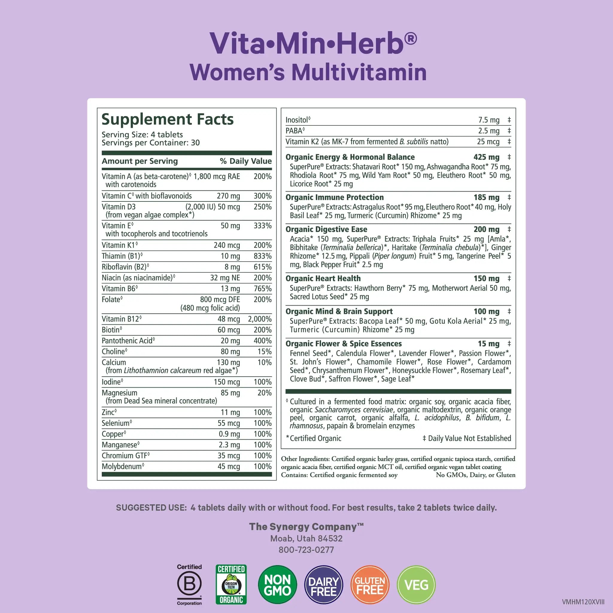 PURE SYNERGY Vita·Min·Herb for Women | Women’s Comprehensive Multivitamin Supplement | Made with Organic Whole Food Non-GMO & Vegan Ingredients | PURE SYNERGY uk supplements