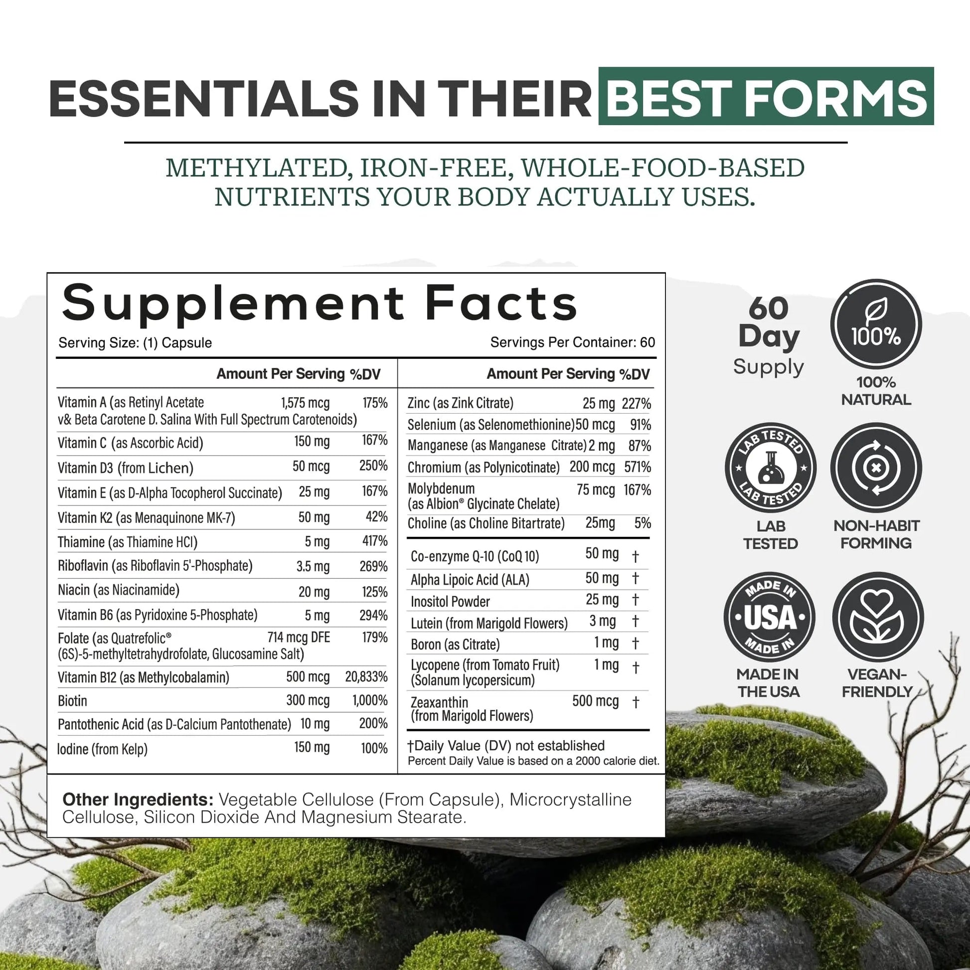 Wild Methylated Multivitamin for Women & Men | Daily Multi Vitamin | MTHFR Supplement Without Iron | Methylated B12, Folate, Vitamin C, A, K2, D, E Wild Foods uk supplements