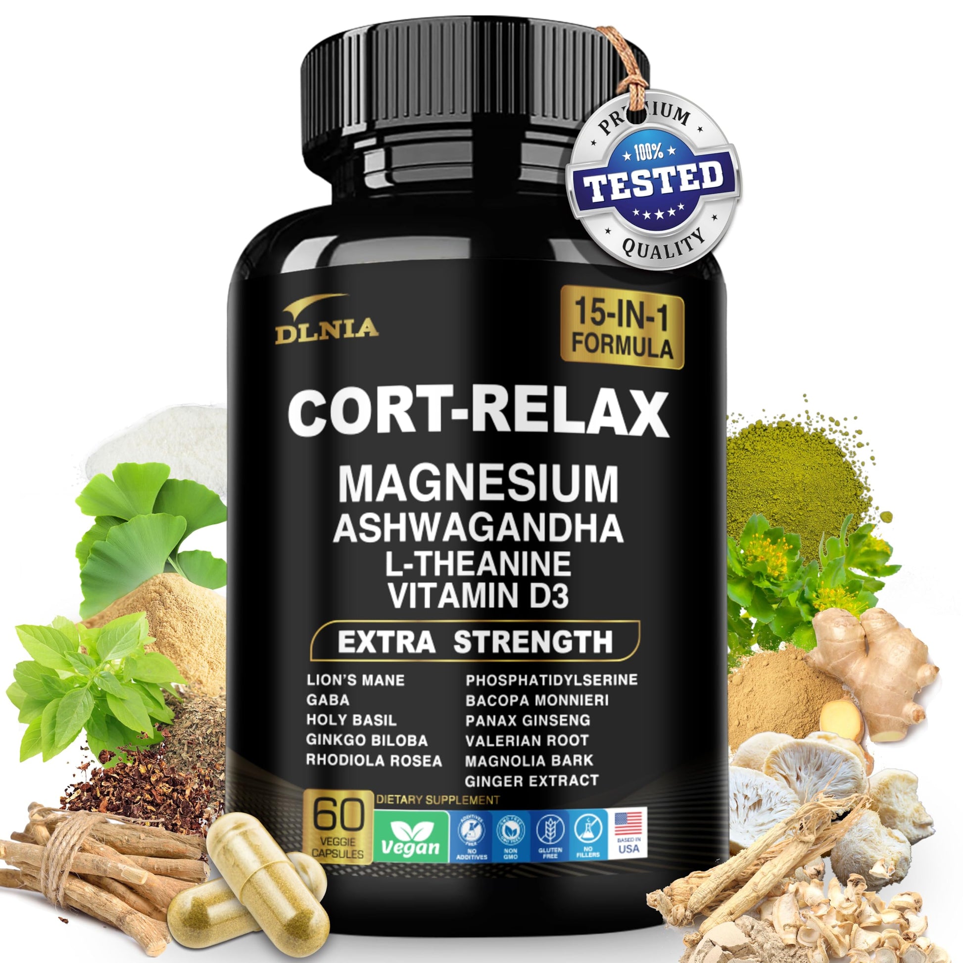 DLNIA Super Calm Cortisol Supplement with Magnesium Glycinate, Ashwagandha KSM-66, L-Theanine, Phosphatidylserine, Ginkgo Biloba & Lions Mane for Calm, Focus, Mental Clarity, Relaxation, Sleep, Energy DLNIA uk supplements