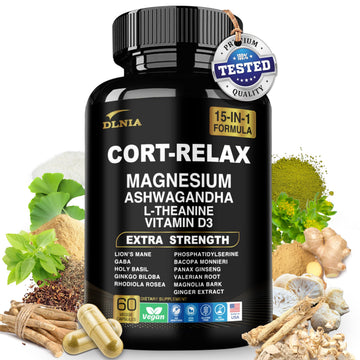 DLNIA Super Calm Cortisol Supplement with Magnesium Glycinate, Ashwagandha KSM-66, L-Theanine, Phosphatidylserine, Ginkgo Biloba & Lions Mane for Calm, Focus, Mental Clarity, Relaxation, Sleep, Energy DLNIA uk supplements