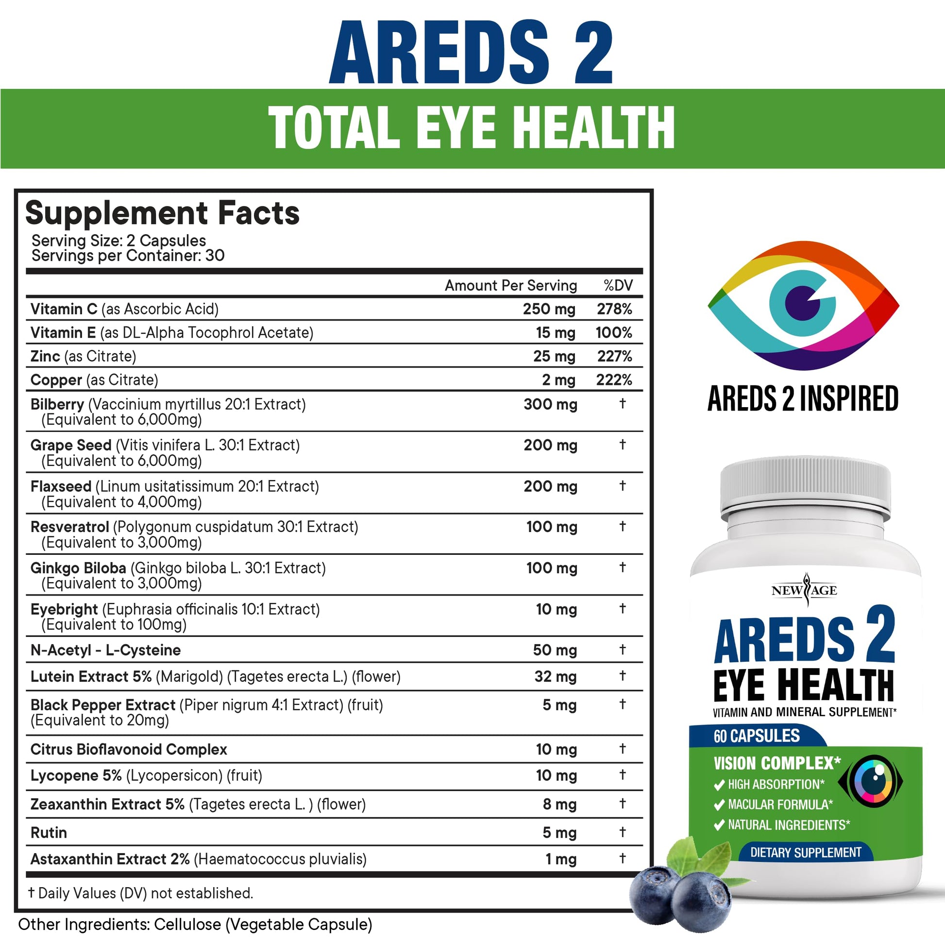 NEW AGE AREDS 2 Eye Vitamins - Lutein, Zeaxanthin, Bilberry, Astaxanthin Mineral Vision Supplement - 180 Count NEW AGE uk supplements