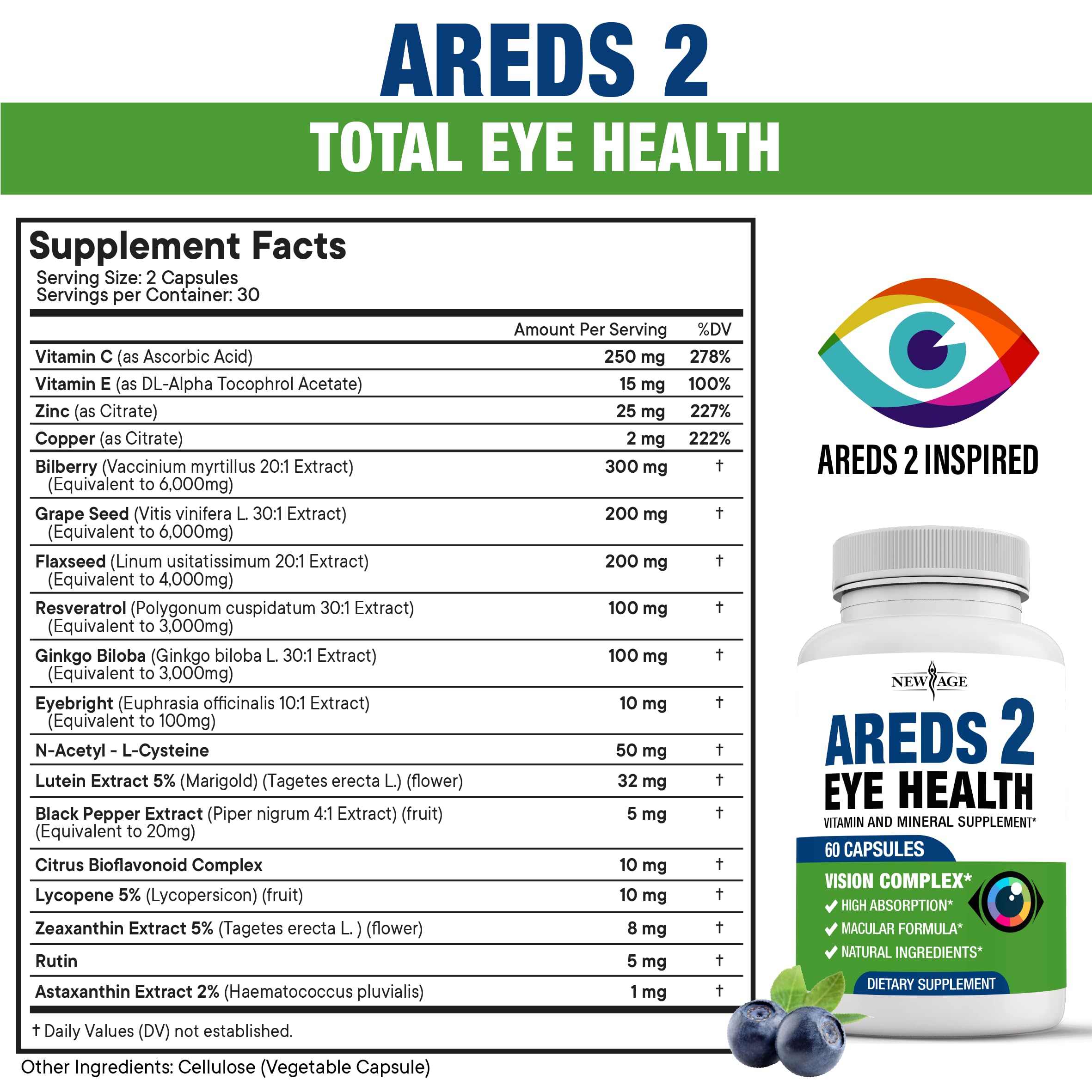 NEW AGE AREDS 2 Eye Vitamins - Lutein, Zeaxanthin, Bilberry, Astaxanthin Mineral Vision Supplement - 180 Count NEW AGE uk supplements
