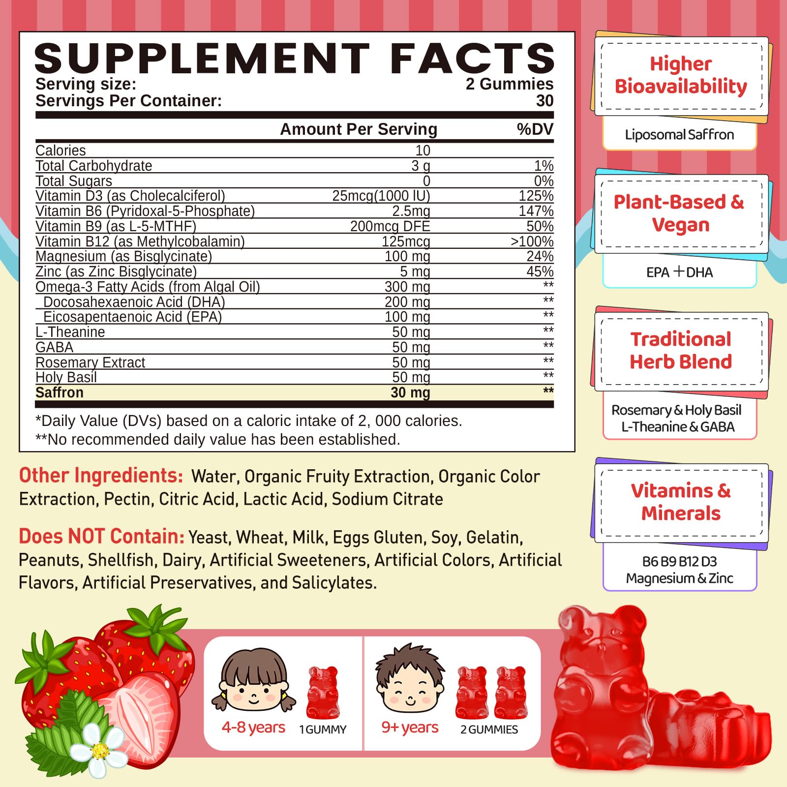 Liposomal Saffron Gummies for Kids 4+, Saffron Supplements w/Holy Basil, Rosemary, Magnesium Glycinate, Omega-3 & More, Brain Focus Support Supplement, Vegan, Organic, Sugar Free, 60 Chewables duwhot uk supplements