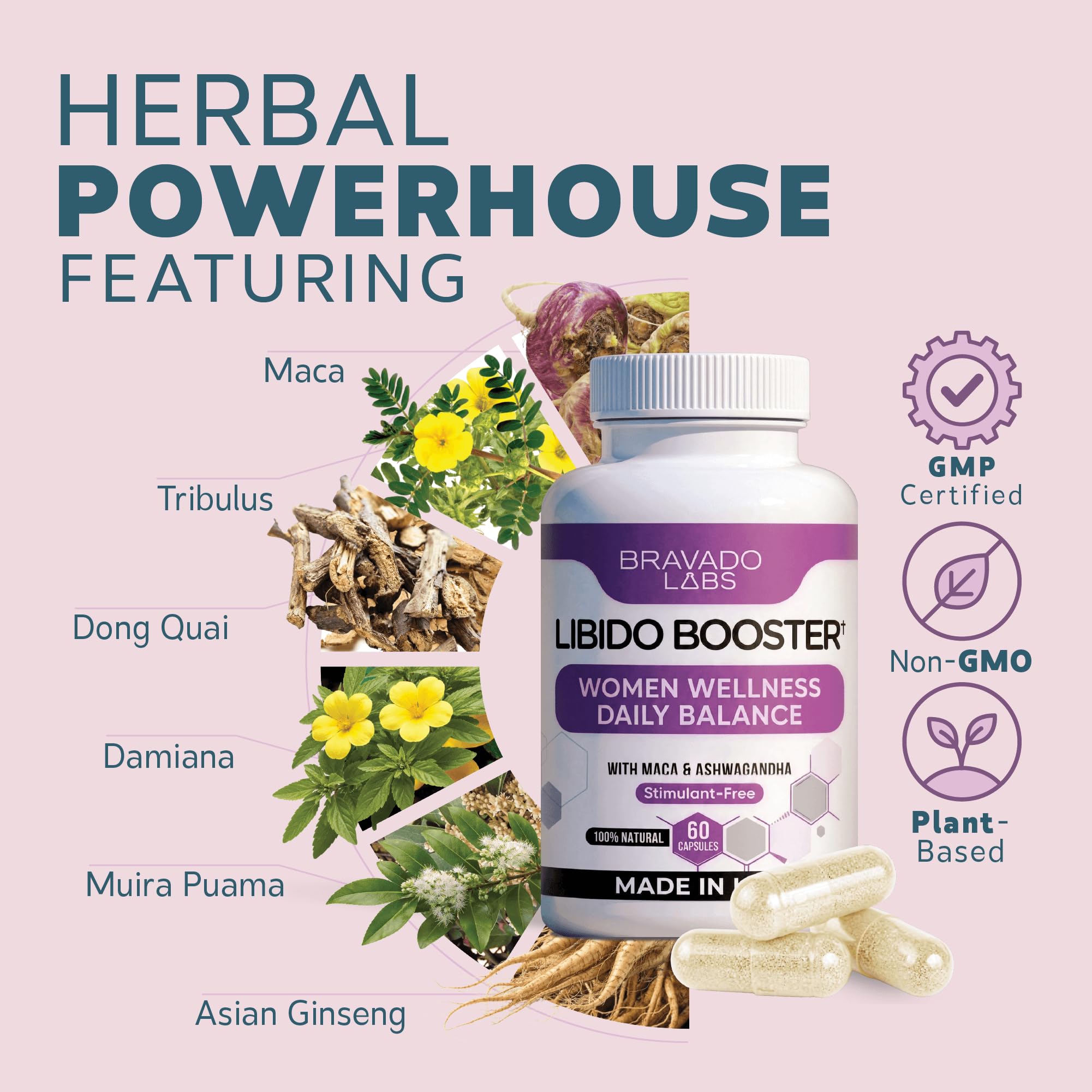 Female Libido Booster for Women – Advanced Women’s Intimacy & Confidence Support – Plant-Based Herbal Blend with Maca, Ginseng & L-Arginine – Made in USA – 60 Capsules Bravado Labs uk supplements
