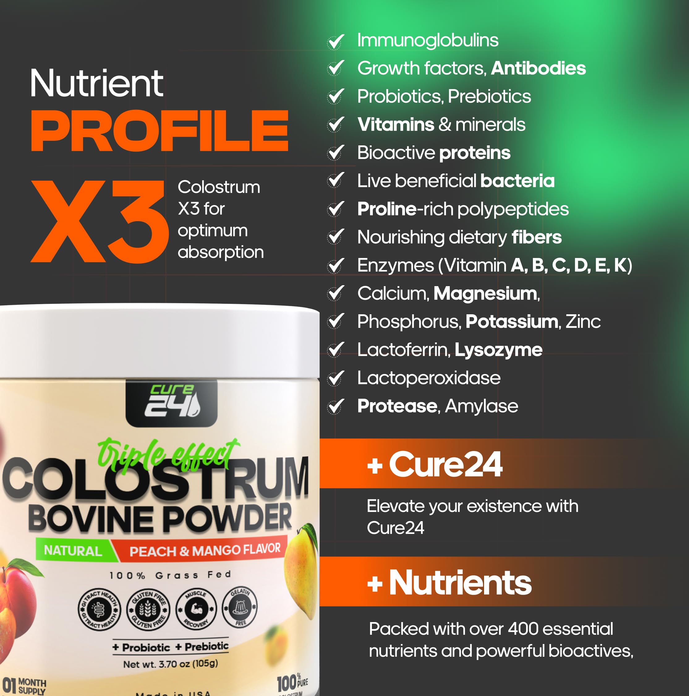 Cure24 Bovine X3 Colostrum Supplement Powder for Humans, 100% Pure Whole Natural Grass Fed Superfood, High IgG, Plus Probiotic & Prebiotic, Natural Peach-Mango Flavor, Made in USA Cure24 uk supplements