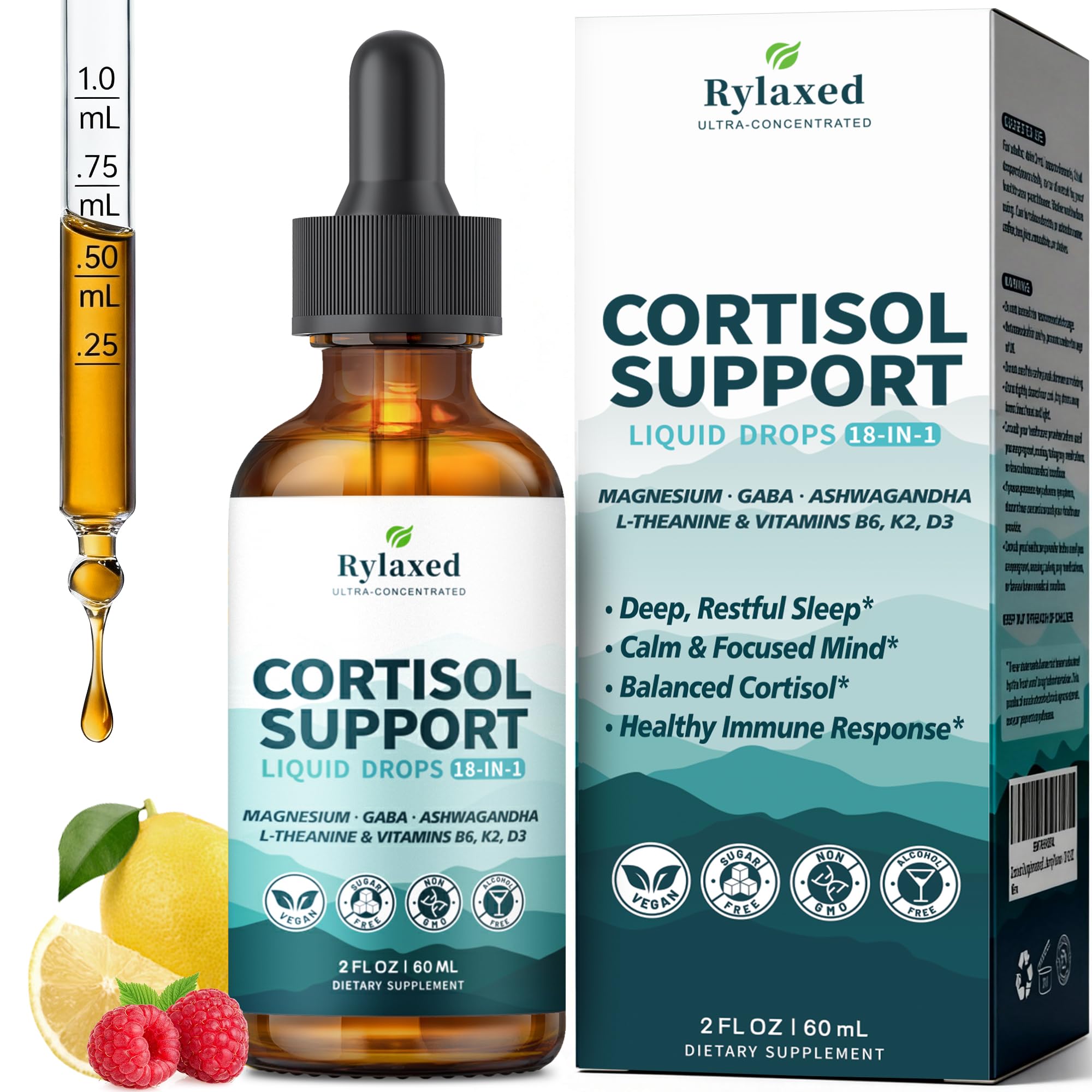 Cortisol Supplements for Women & Men, 18 in 1 Stress & Mood Support Drops with Magnesium 480mg, GABA, Ashwagandha, L-Theanine & Phosphatidylserine, for Relaxation & Sleep, Lemon Raspberry Flavor 60mL Rylaxed uk supplements