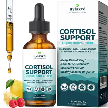 Cortisol Supplements for Women & Men, 18 in 1 Stress & Mood Support Drops with Magnesium 480mg, GABA, Ashwagandha, L-Theanine & Phosphatidylserine, for Relaxation & Sleep, Lemon Raspberry Flavor 60mL Rylaxed uk supplements