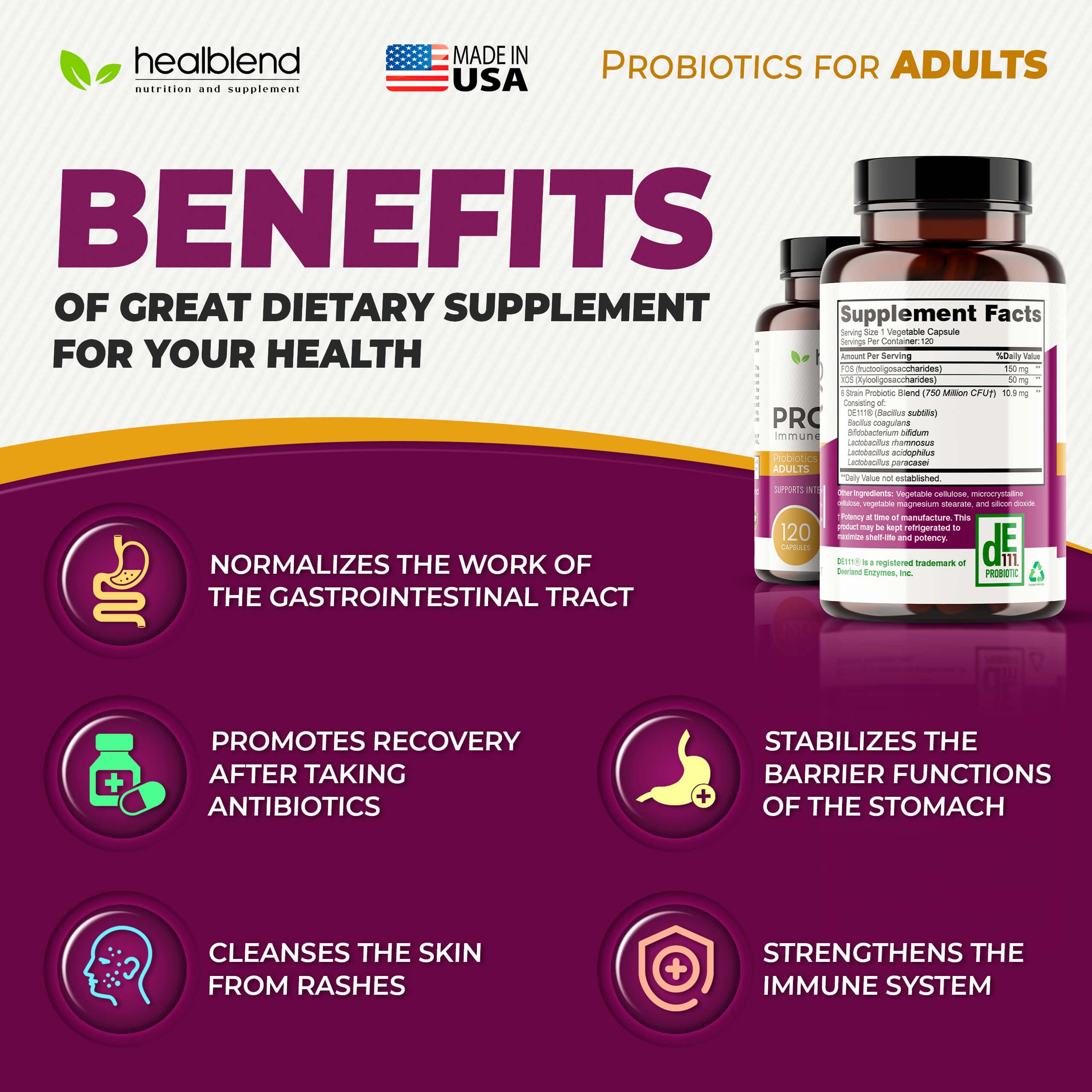 healblend Probiotic Caps Dietary Supplement Capsules, Probiotic for Women and for Men Digestive Health, Immune System Support, Non-GMO, Gluten-Free, 120 Veg Caps healblend uk supplements