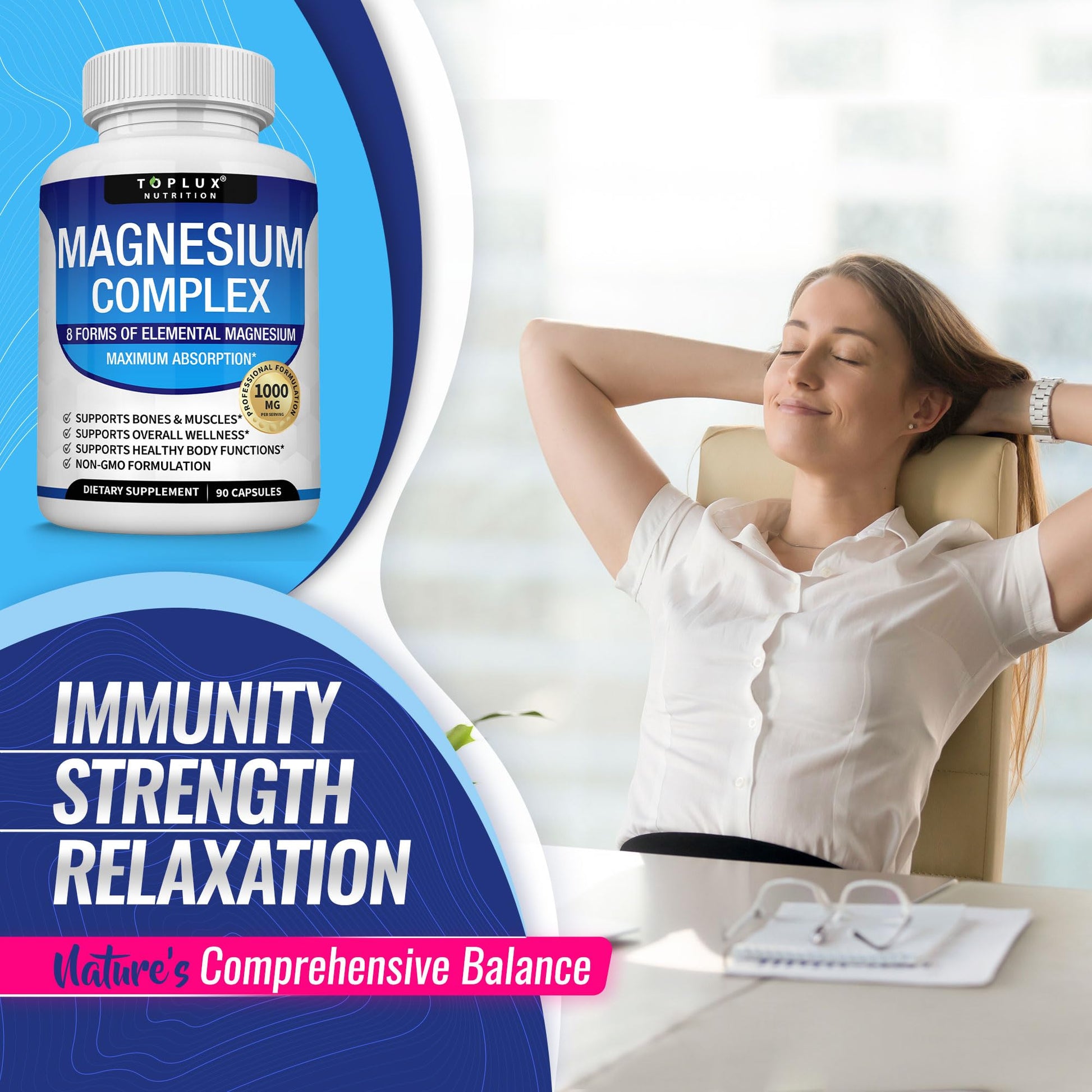 Magnesium Complex Supplement 8 Elemental 1000mg - Magnesium Glycinate, Citrate, Malate, Taurate, Chelated for Easy Absorption for Bones, Muscle, Recovery, Energy, Vegan Non-GMO 90 Capsules Toplux uk supplements