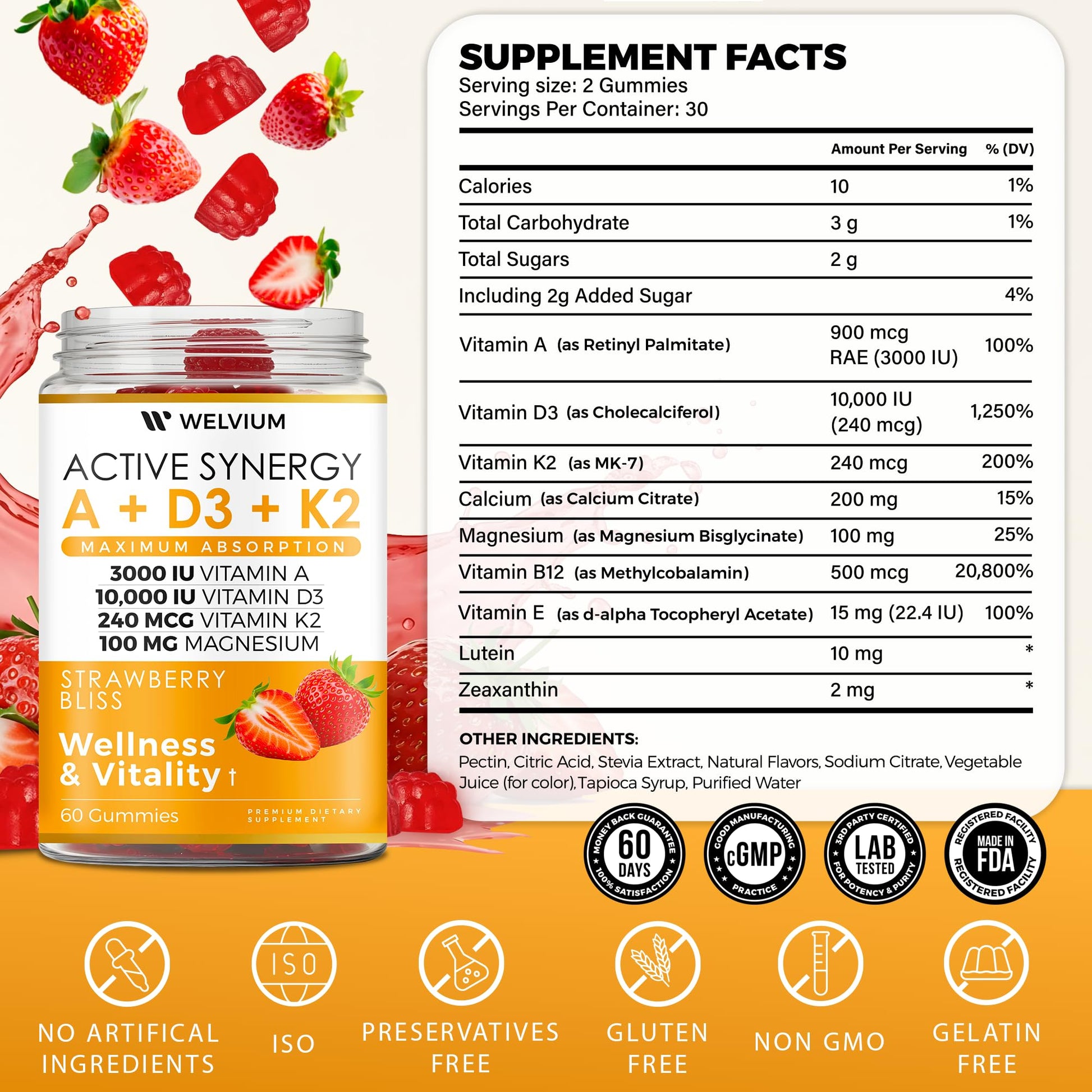 WELVIUM Vitamin D3 K2 Gummies 10000 IU with Magnesium Glycinate, Calcium, B12, K2 MK-7, Vitamins A, E, Lutein, Zeaxanthin - ADK Chewable Supplement for Bone, Eye, Immune Support - D3K2 Gummies WELVIUM uk supplements