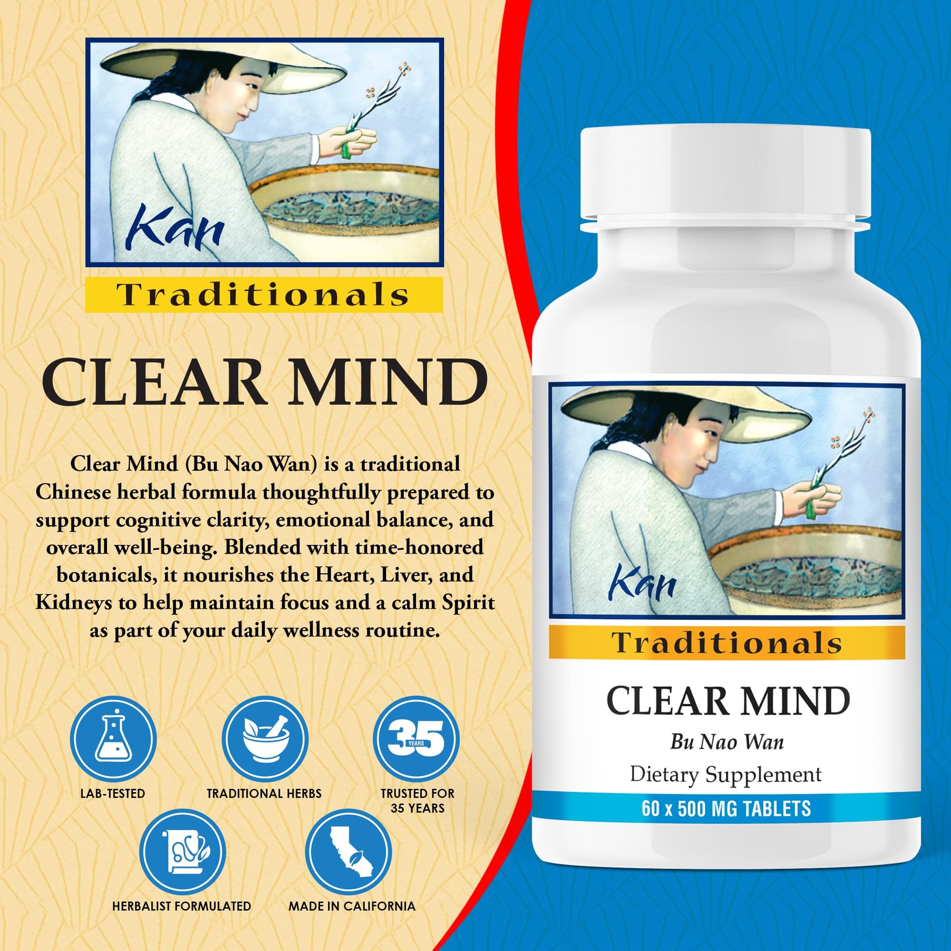 Kan Herbs Company Clear Mind Formula – Traditional Chinese Herbal Blend for Cognitive Clarity and Spirit Support, Nourishes Heart Yin and Blood, Calms Shen, Herbal Supplement, 60 Tablets Kan Herbs uk supplements
