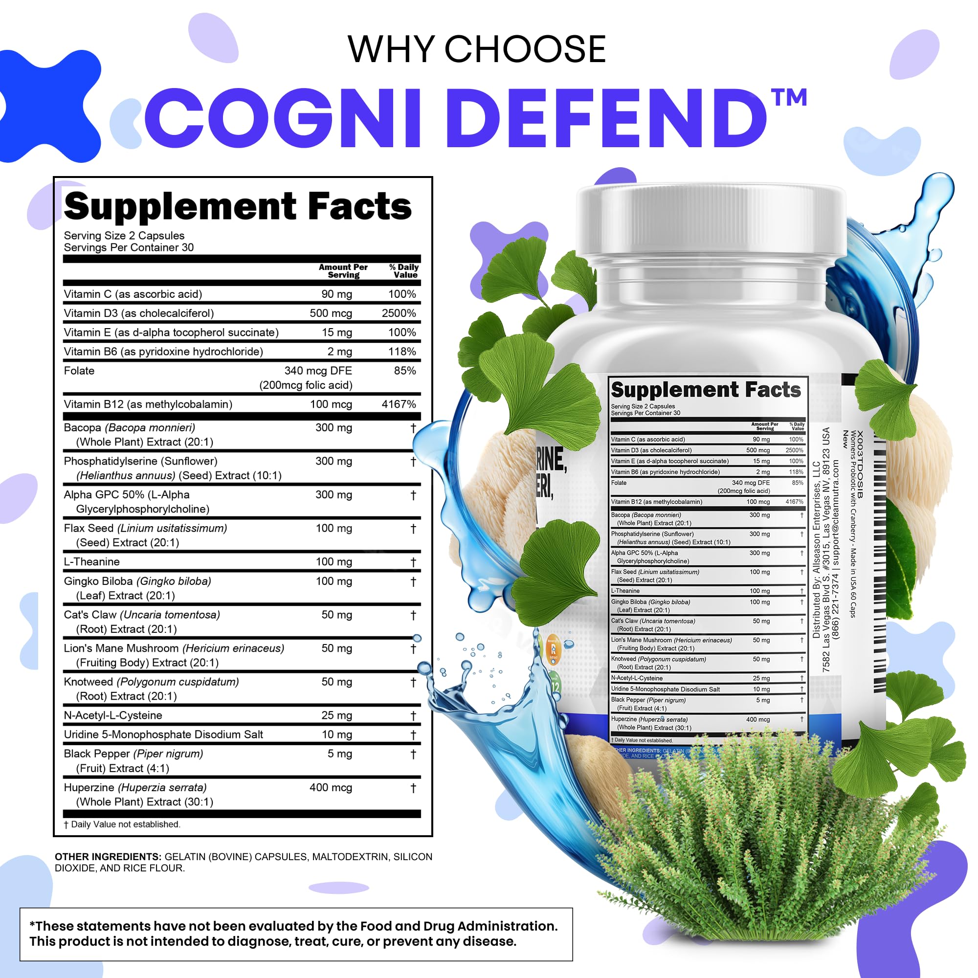 Brain Supplement Alpha GPC 300mg Phosphatidylserine Bacopa Monnieri Ginkgo Biloba Lions Mane Huperzine A L-Theanine NAC Nootropic Memory Focus Cognitive Support Vitamins B C D E 60 Capsules USA Clean Nutraceuticals uk supplements