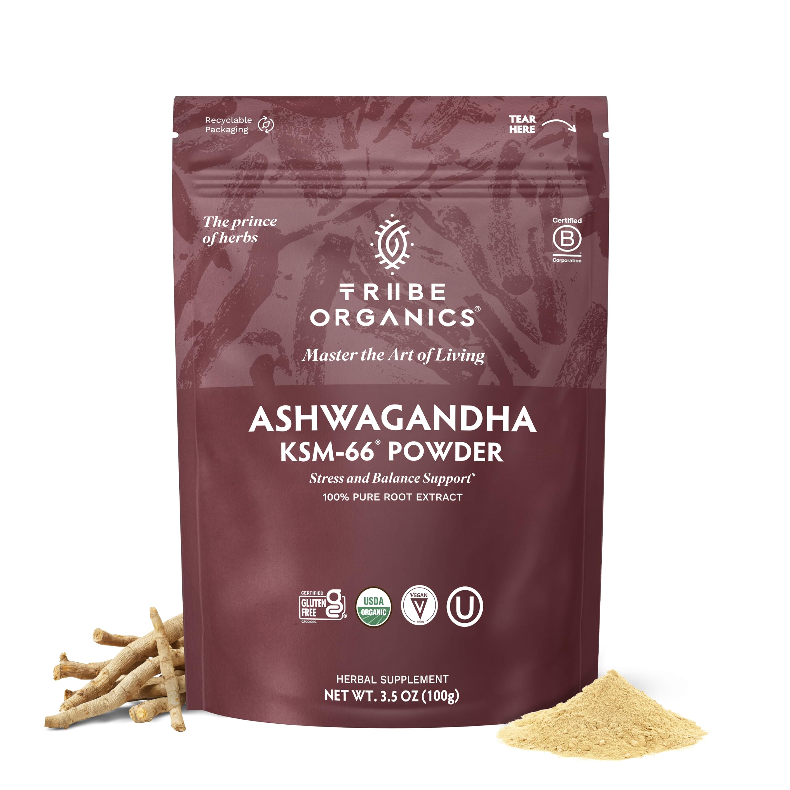 TRIBE ORGANICS KSM-66 Ashwagandha Root Extract Powder Ayurvedic Herb for Mood Support | Increase Energy | Strength - Organic | Natural | Gluten Free | Non GMO | Full-Spectrum - 100g Pouch TRIBE ORGANICS uk supplements