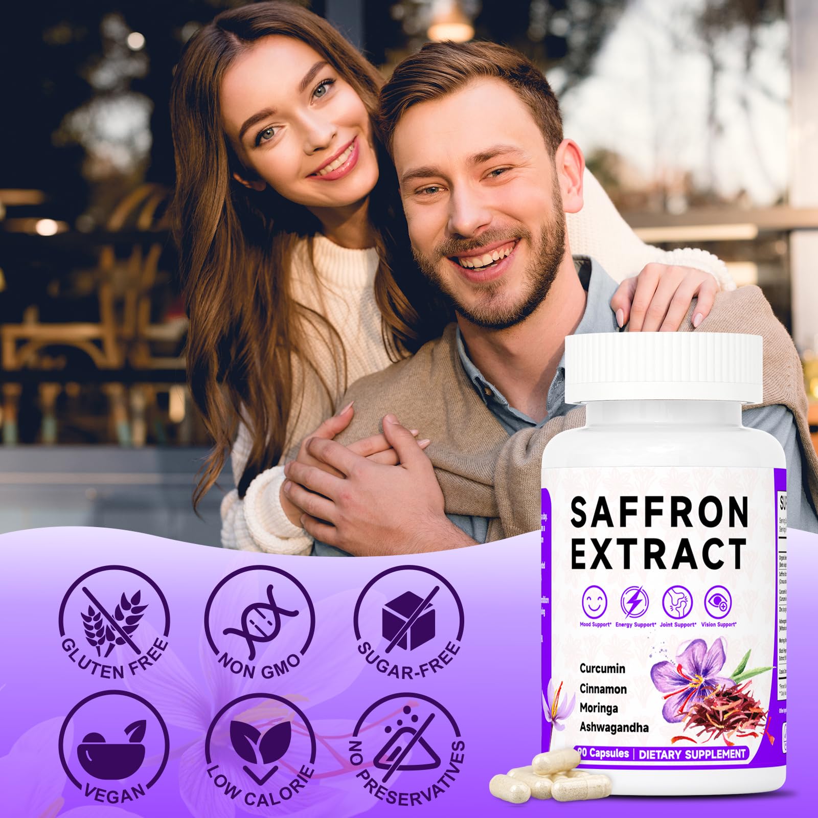 Happy Saffron Supplements, 100mg Saffron Extract, Saffron Blend with Turmeric & Ashwagandha, Supports Mood, Focus, and Energy Boost, 90 Capsules Mosslly uk supplements