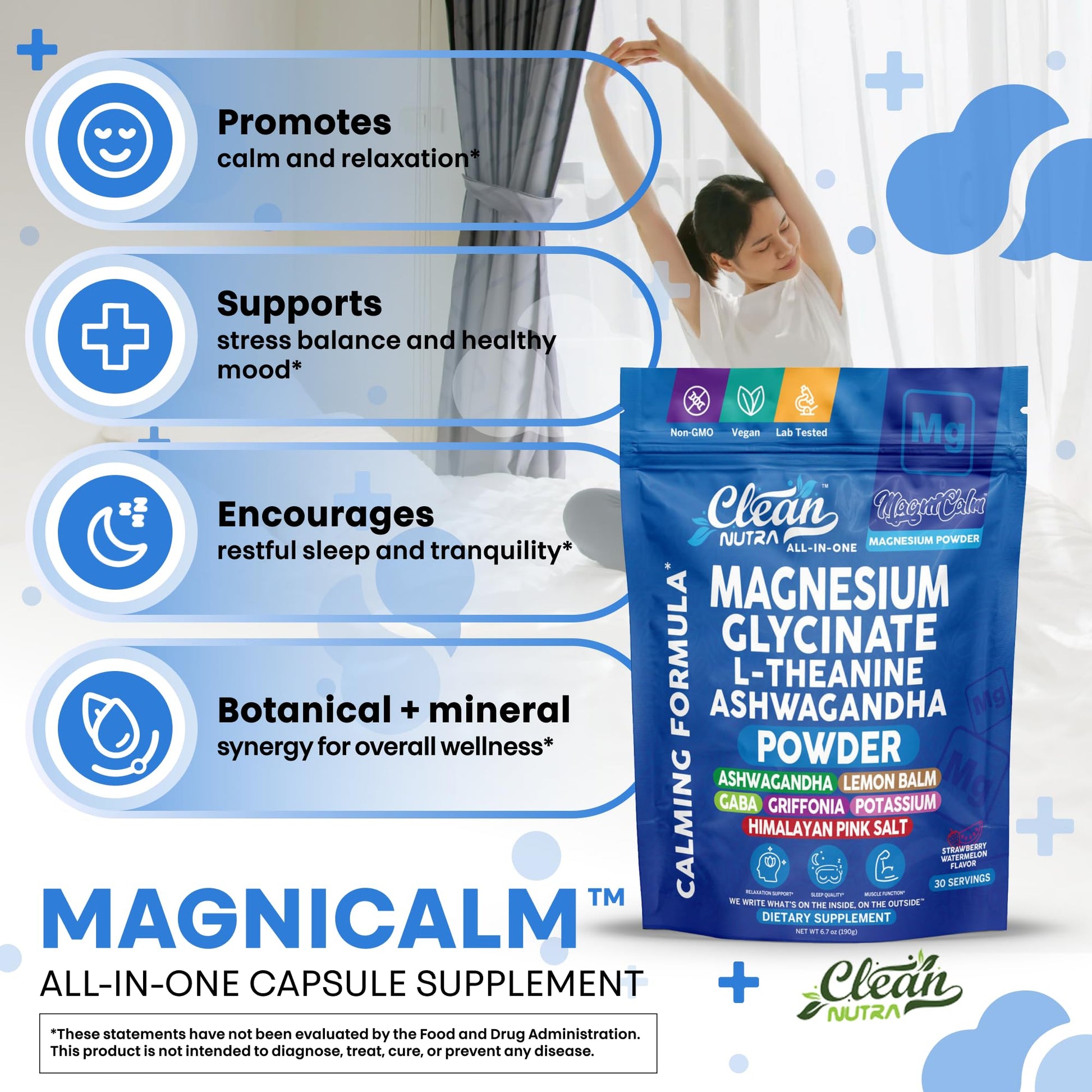 Magnesium Glycinate Powder Supplement + L Theanine Ashwagandha Glycine Apigenin Lemon Balm GABA 5HTP Pink Salt Potassium L Tryptophan Calcium | Powdered Sleep Aid Calm Trace Minerals Vitamin Clean Nutraceuticals uk supplements
