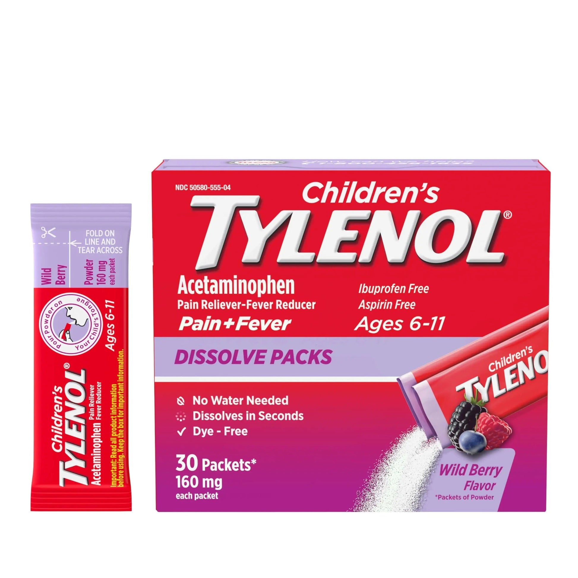 Children's Tylenol Dissolve Packs for Pain Relief, Fever Medication, 160 mg Acetaminophen, Dye Free, Kids' Powder Packets for Cold & Flu Symptom Relief; Wild Berry Flavor, 30 ct.; Pack of 1 Tylenol uk supplements