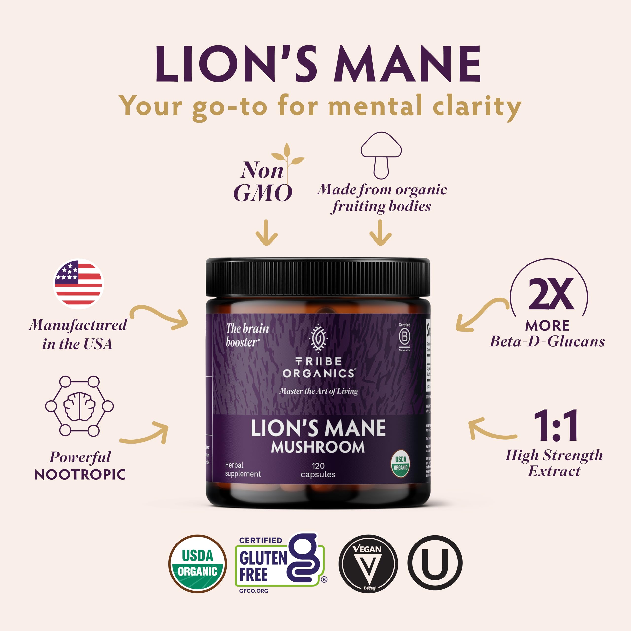TRIBE ORGANICS Lion’s Mane Supplement 1000mg Mushroom Extract Powder - Immune System Booster & Brain Nootropic for Focus and Memory | Mental Clarity | Natural Energy and Immunity - 120 Vegan Capsules TRIBE ORGANICS uk supplements