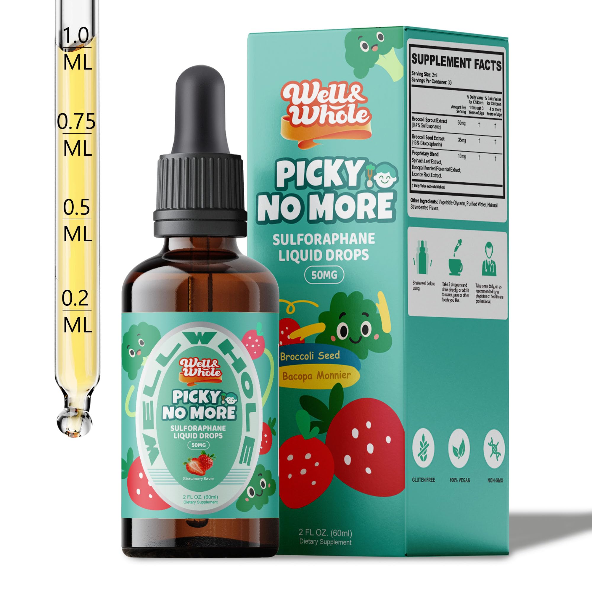 Well&Whole Sulforaphane Kids Liquid Supplement – Pick No More Broccoli Sprout Extract Drops, Hidden Greens for Picky Eaters, Daily Nutrition Support, Sugar-Free, Vegan, 60mL Well&Whole uk supplements