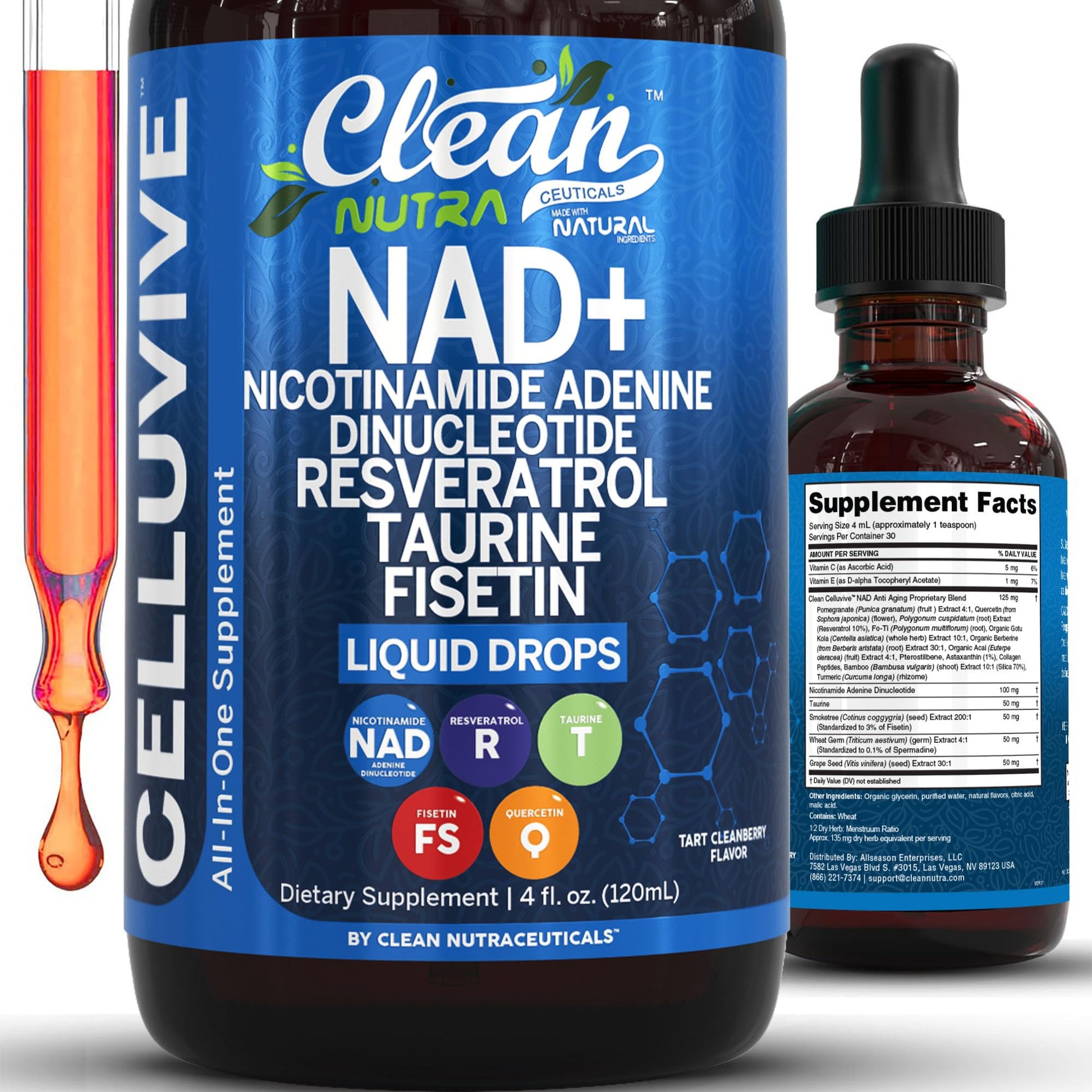 Clean Nutra NAD Liquid Supplement Drops Resveratrol Polyphenols Liposomal Taurine Fisetin Grape Seed Extract Japanese Knotweed Fo Ti Anti Aging NAD+ Nicotinamide Adenine Dinucleotide for Women & Men Clean Nutraceuticals uk supplements