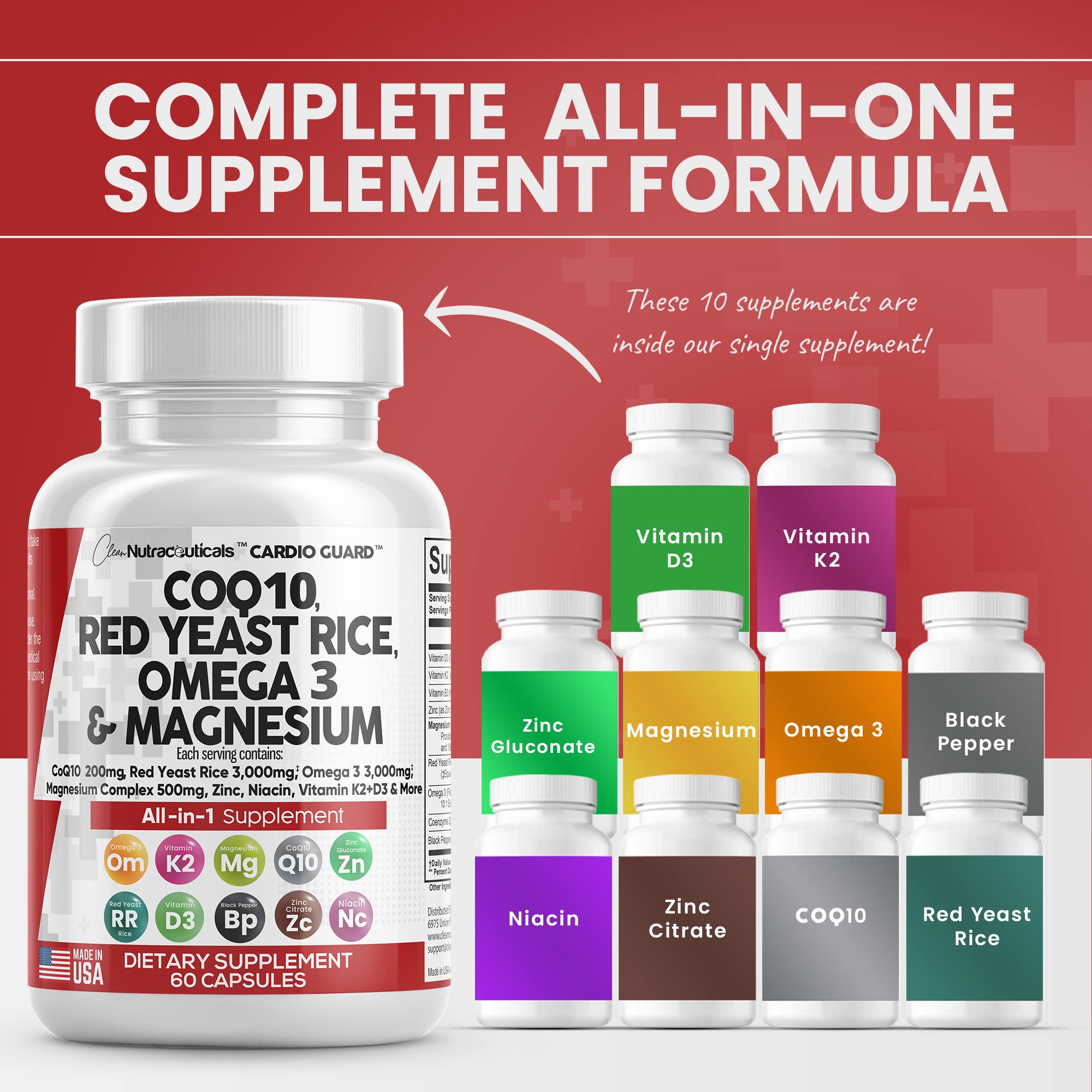 COQ10 200mg Red Yeast Rice 3000mg Omega 3 3000mg Magnesium Clean Nutraceuticals uk supplements