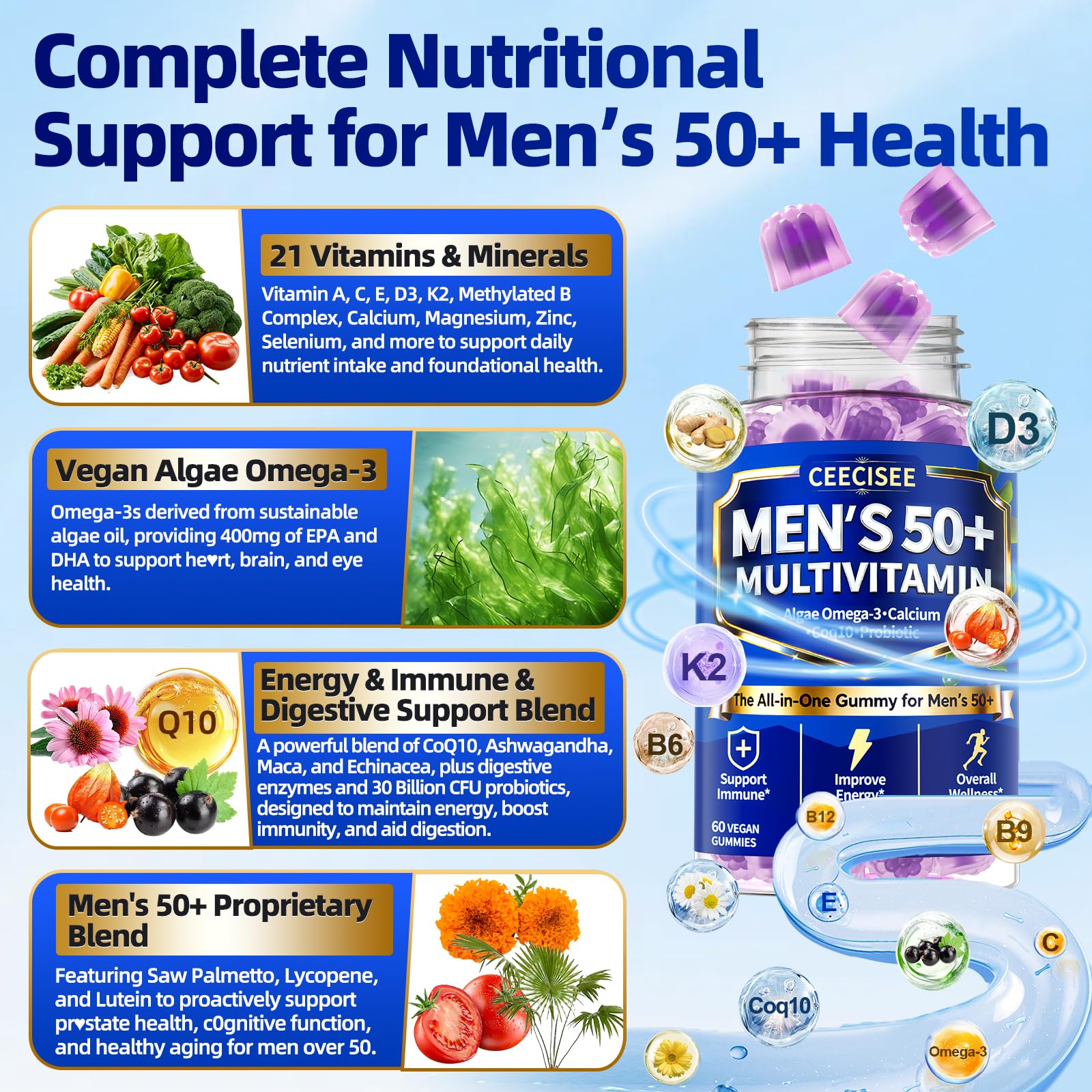 Ceecisee Methylated Multivitamin for Men Over 50: Daily Mens Multivitamins Gummies with Omega Probiotic Magnesium Zinc Vitamins D3 B12 - Energy Immune Support No Iron Vitamins Gummy for Men(60Count) Ceecisee uk supplements