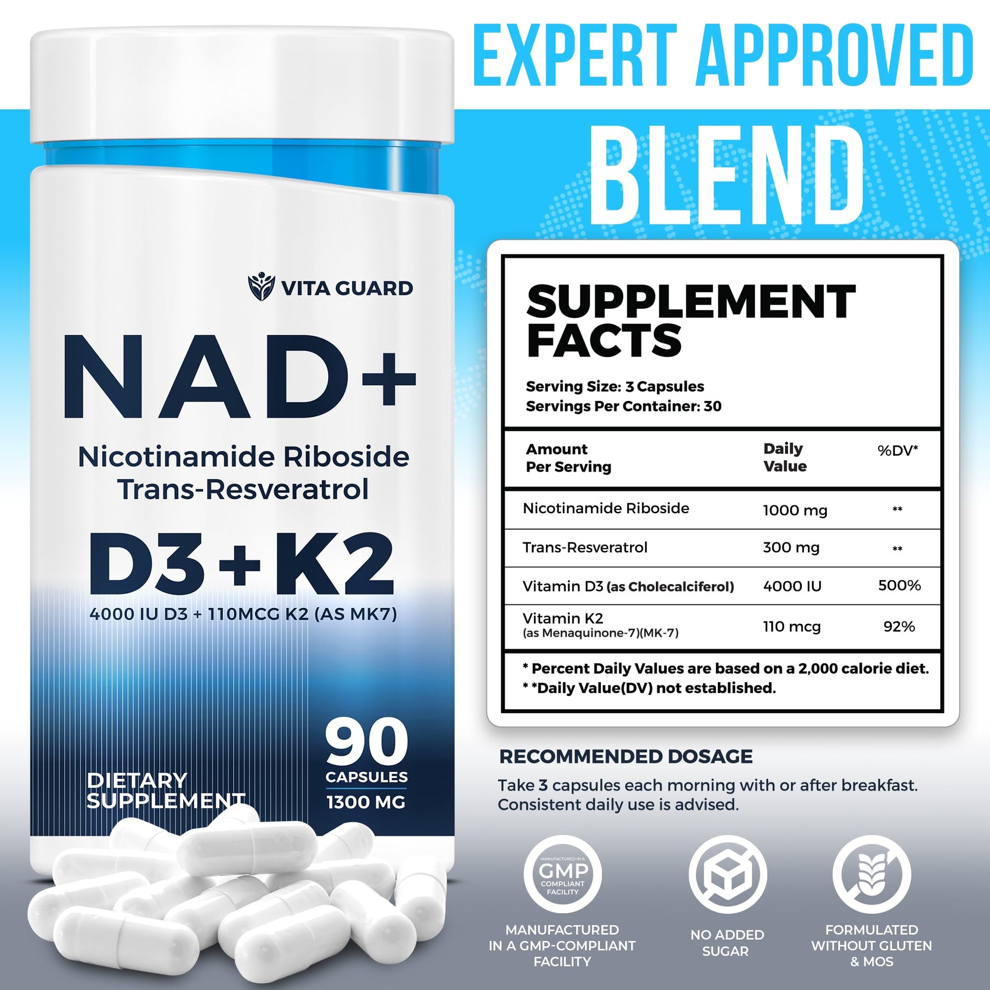 Anti-Aging Energy NAD Supplement – NMN Alternative with Nicotinamide Riboside 1000mg, Trans-Resveratrol 300mg, Vitamin D3 4000 IU and K2 110 mcg MK7 – Vegetarian 60 Capsules, 1300mg Vita Guard uk supplements