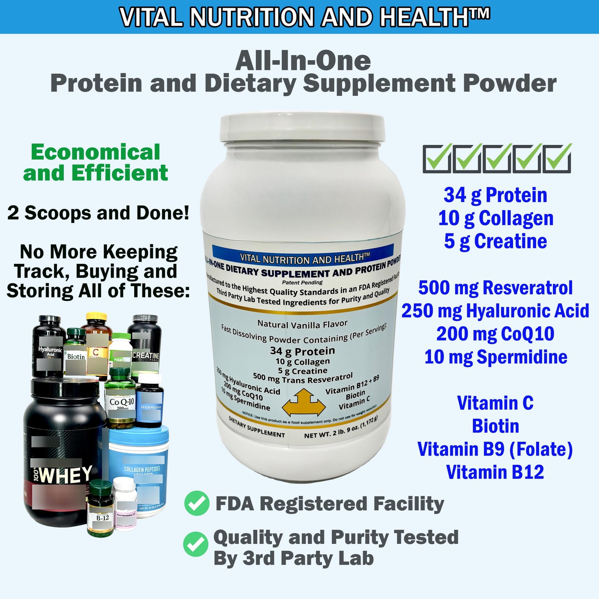 Vital Nutrition and Health All-in-One Powder: Protein, Collagen, Creatine, Resveratrol, Spermidine, Hyaluronic Acid, CoQ10 + Key Vitamins Vital Nutrition and Health uk supplements