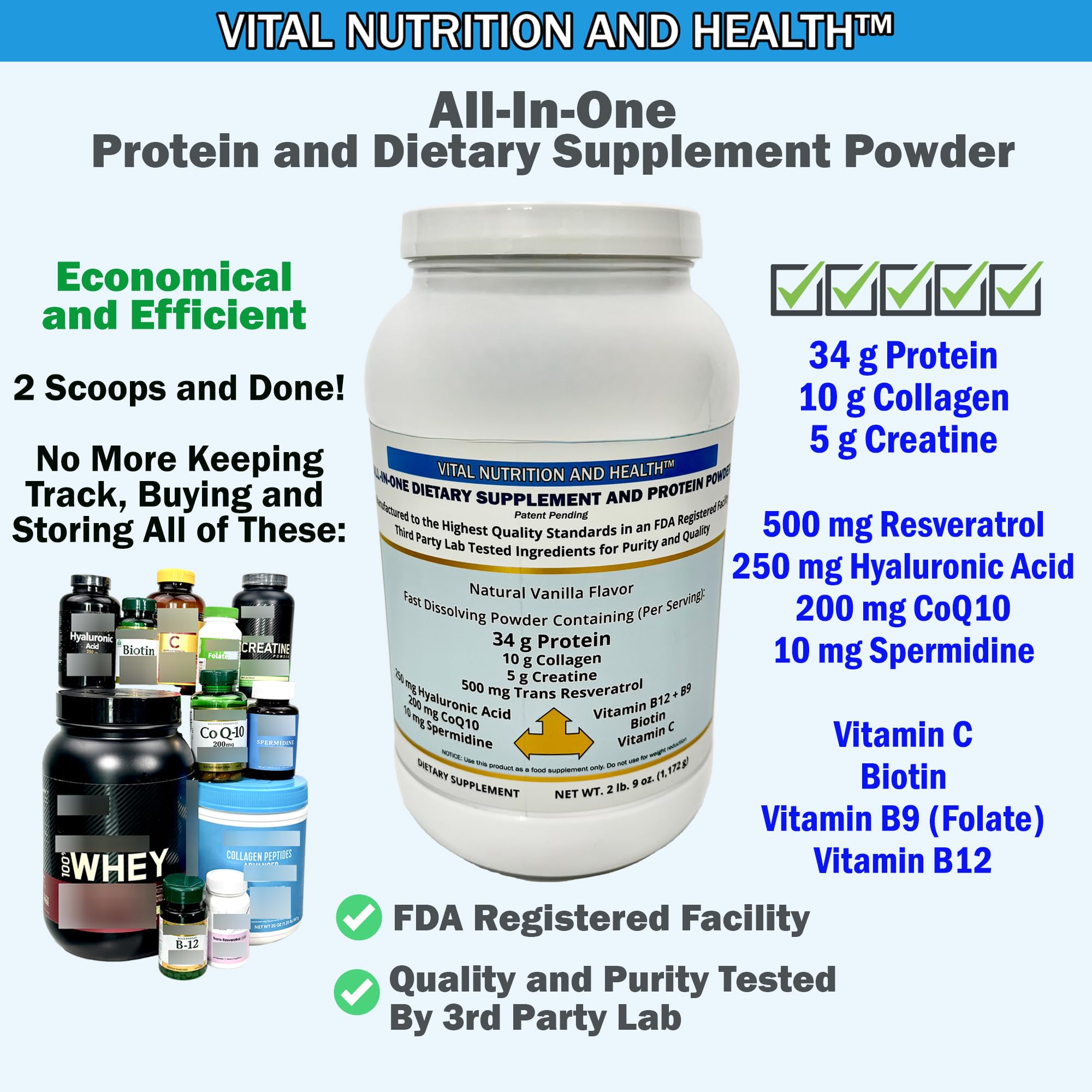 Vital Nutrition and Health All-in-One Powder: Protein, Collagen, Creatine, Resveratrol, Spermidine, Hyaluronic Acid, CoQ10 + Key Vitamins Vital Nutrition and Health uk supplements