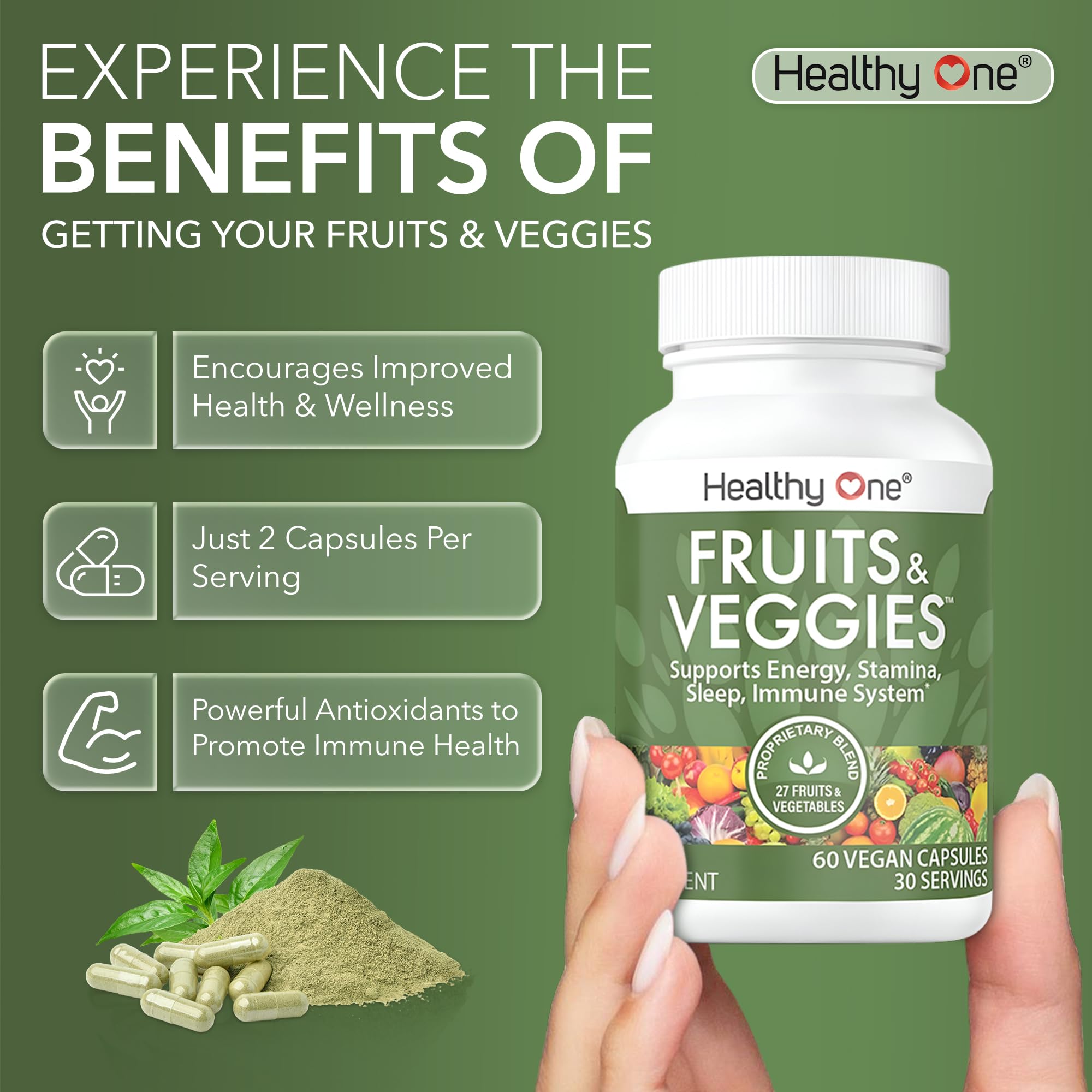 Fruits & Veggies Formula - 27 Premium Whole Foods - Organic Ingredients - Equals 3 Servings of Fruits & Vegetables - Improve Energy, Focus & Immune Function - Fiber - Antioxidants - 120ct (60 Serv) Healthy One uk supplements
