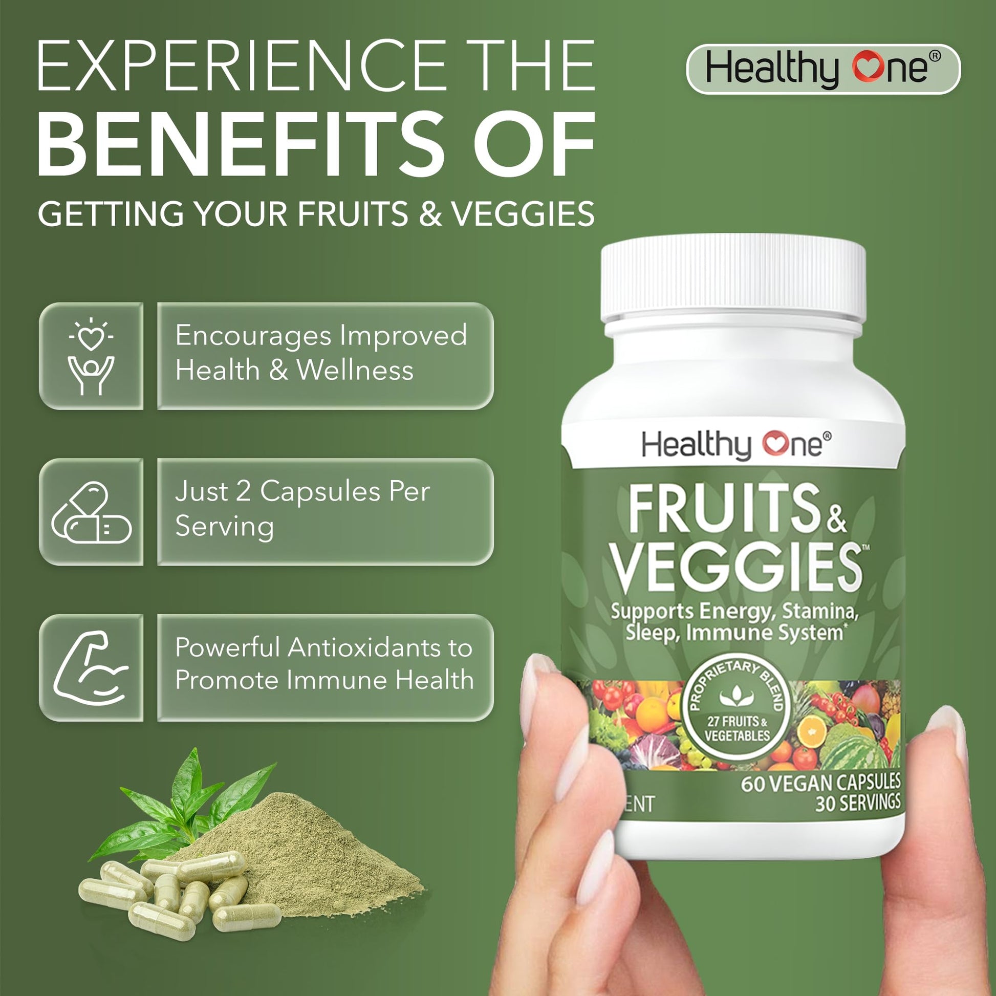 Fruits & Veggies Formula - 27 Premium Whole Foods - Organic Ingredients - Equals 3 Servings of Fruits & Vegetables - Improve Energy, Focus & Immune Function - Fiber - Antioxidants - 120ct (60 Serv) Healthy One uk supplements