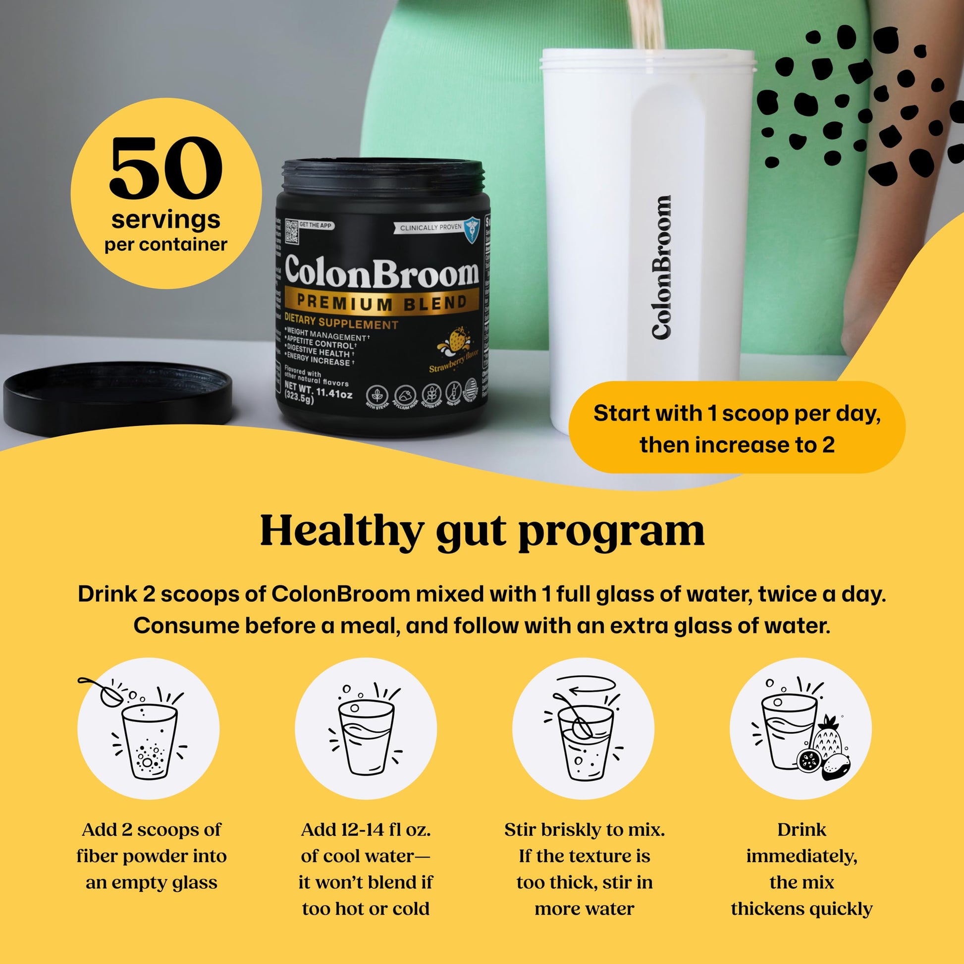ColonBroom Premium Powder Supplement (Strawberry) - Colon Broom Psyllium Husk Fiber Powder Drink - Gluten Free, Non-GMO Colon Cleanse for Bloating Relief & Gut Health, 50 Servings ColonBroom uk supplements