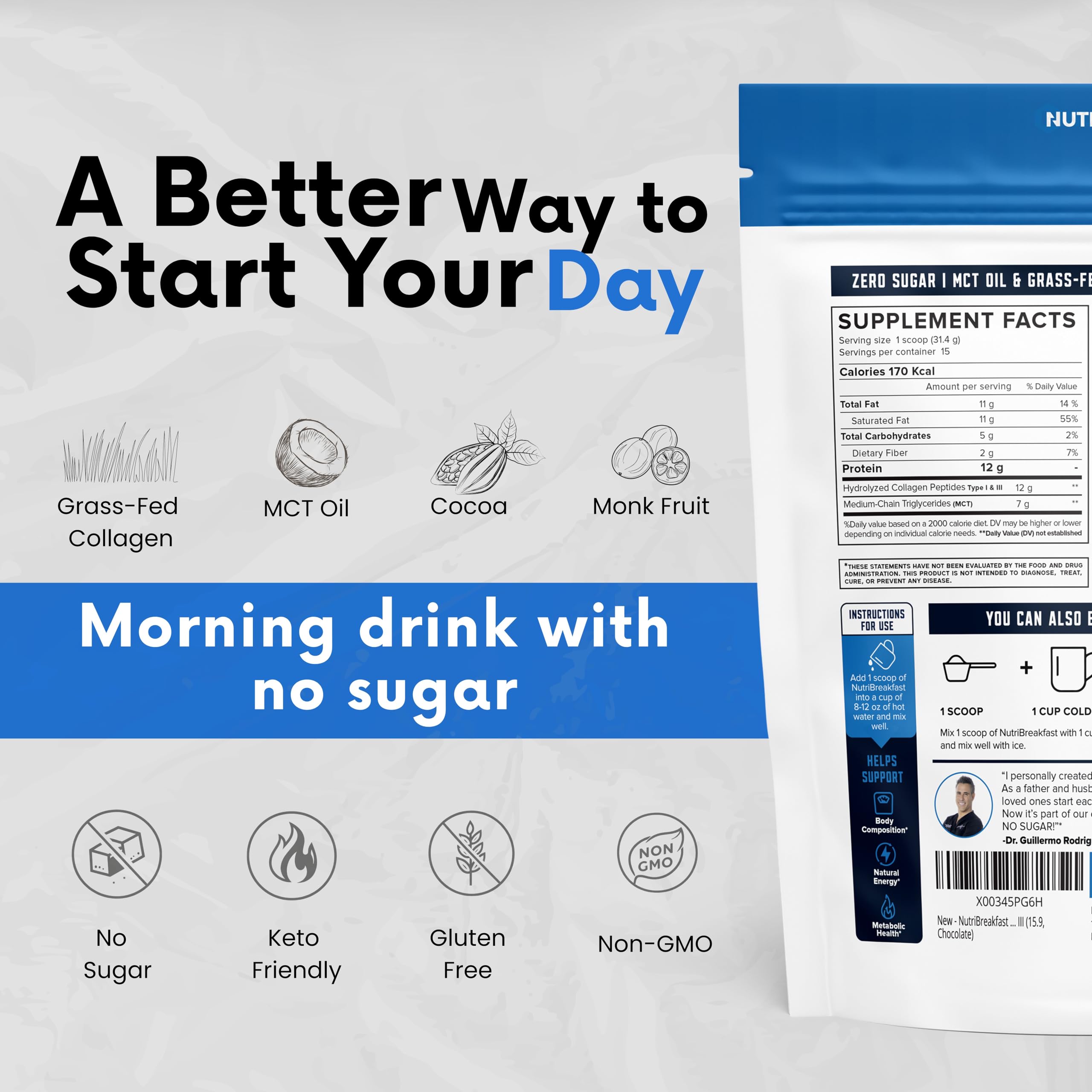 Nutri11 NutriBreakfast by Nutrillermo/Keto Protein Collagen Powder with MCT Oil/MCT Oil Powder/Keto Collagen Peptides with Grass-Fed Bovine Nutri11 uk supplements