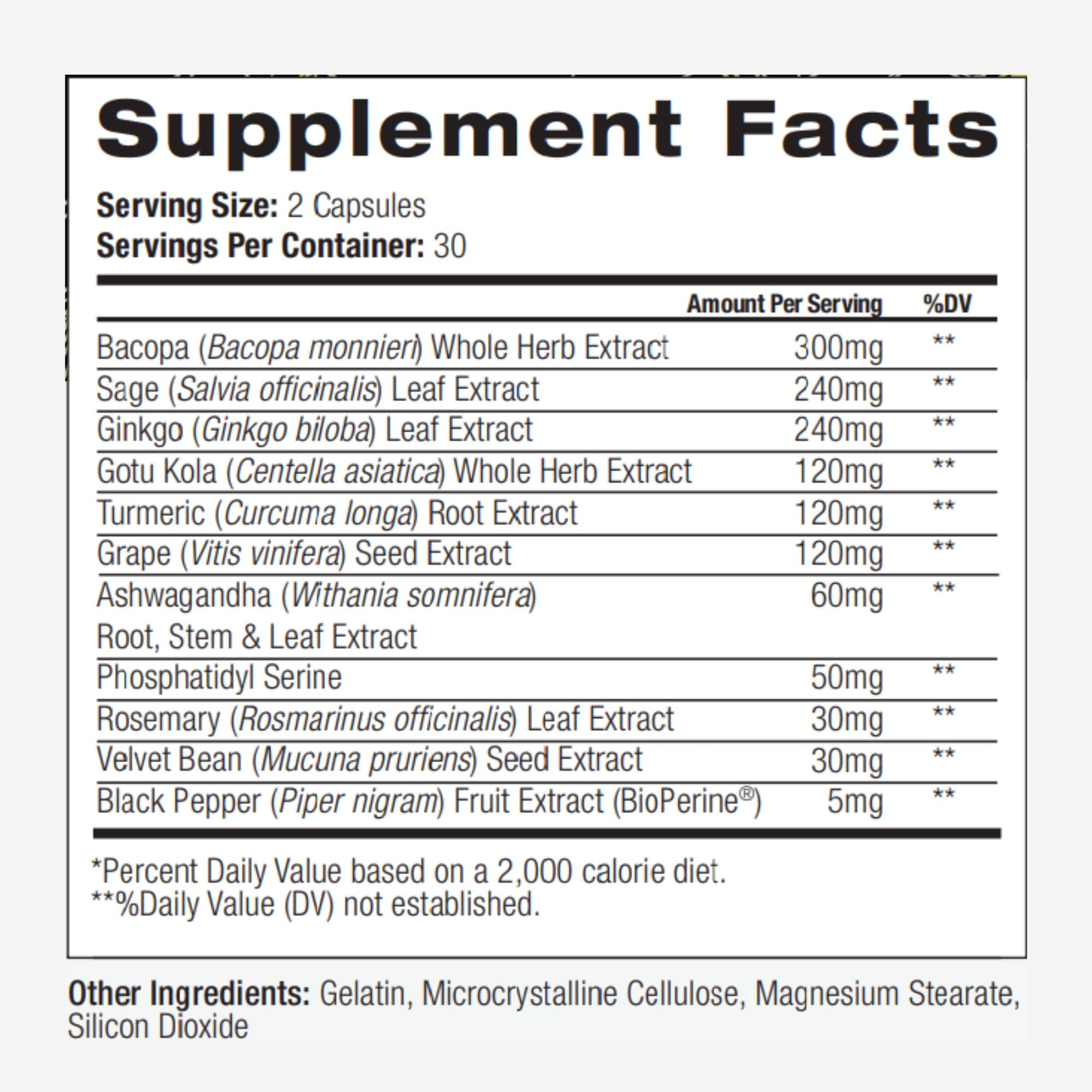 PALO Focus Brain Booster Natural Supplement Nootropic for Memory, Focus, Learning, Reall, Attention and Cognition - Ginkgo Biloba, Bacopa, Gotu Kola, Ashwagandha, Mucuna 60 Capsules PALO uk supplements