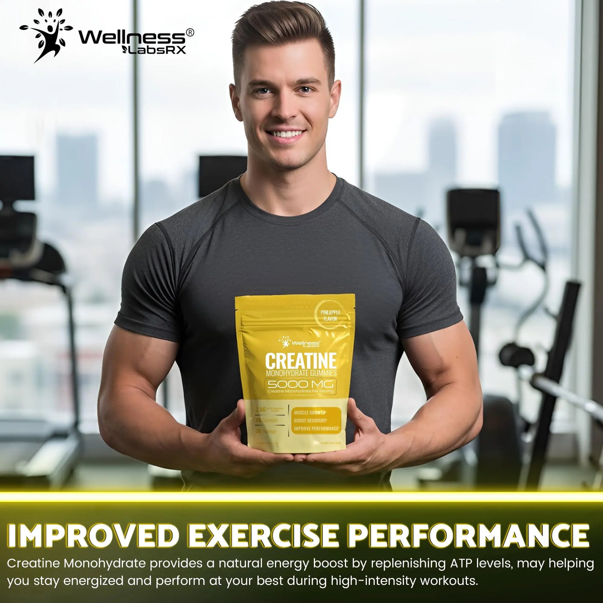 Creatine Gummies 5000mg, 30 Servings Creatine Monohydrate Gummies - Third-Party Tested Creatine for Women, Pineapple Flavor Creatine for Men, Muscle Growth, WELLNESS LABSRX uk supplements