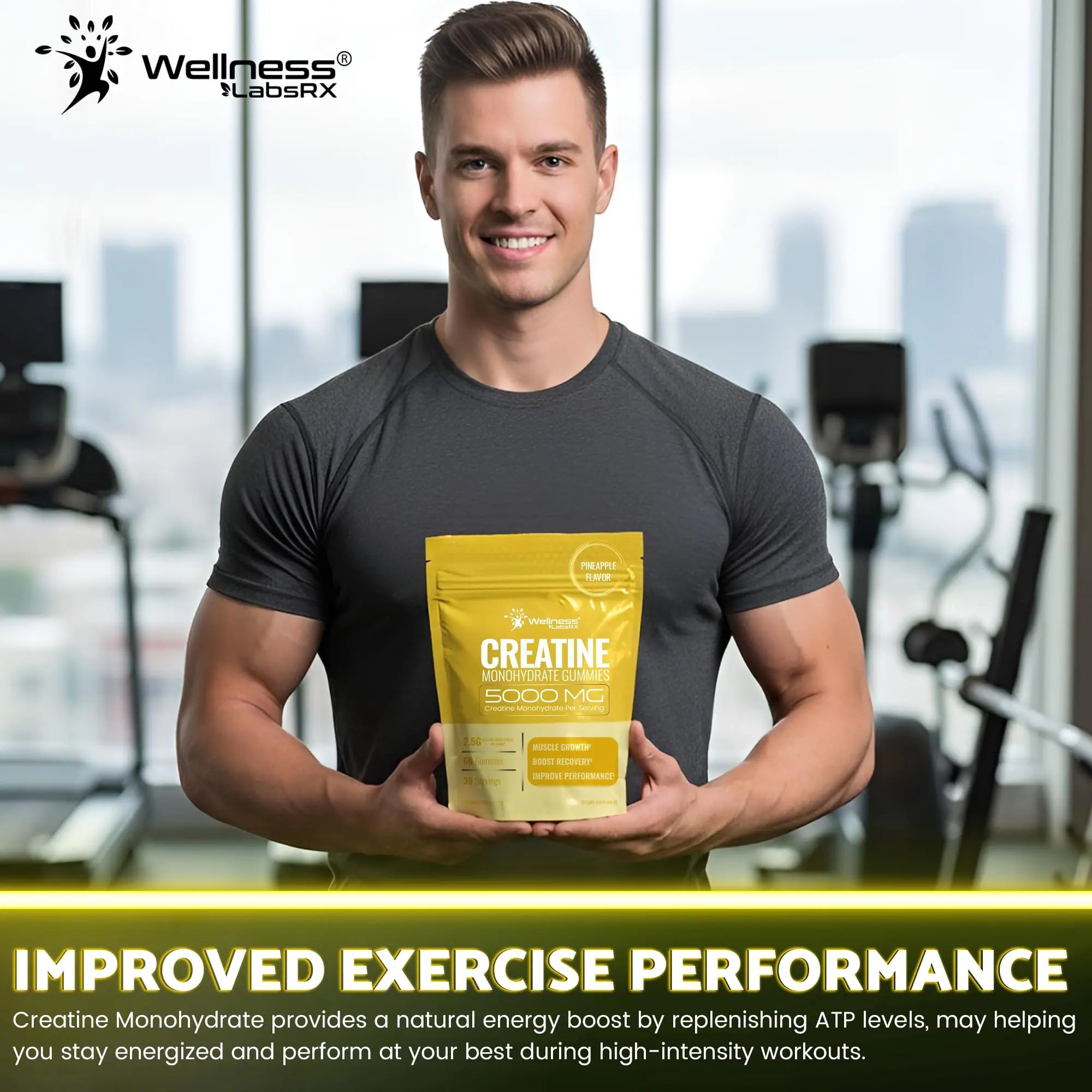 Creatine Gummies 5000mg, 30 Servings Creatine Monohydrate Gummies - Third-Party Tested Creatine for Women, Pineapple Flavor Creatine for Men, Muscle Growth, WELLNESS LABSRX uk supplements