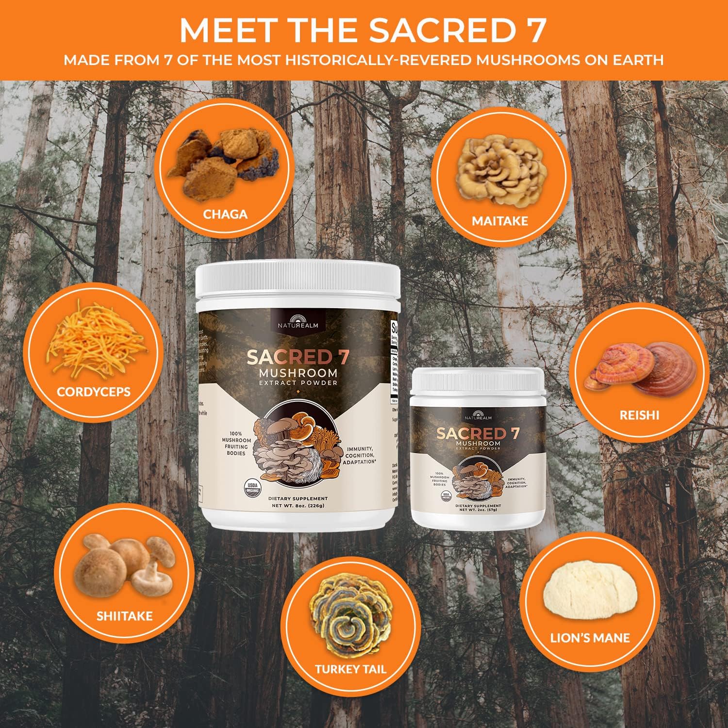 Naturealm Sacred 7 Mushroom Extract Powder - USDA Organic - Lion's Mane, Reishi Naturealm uk supplements